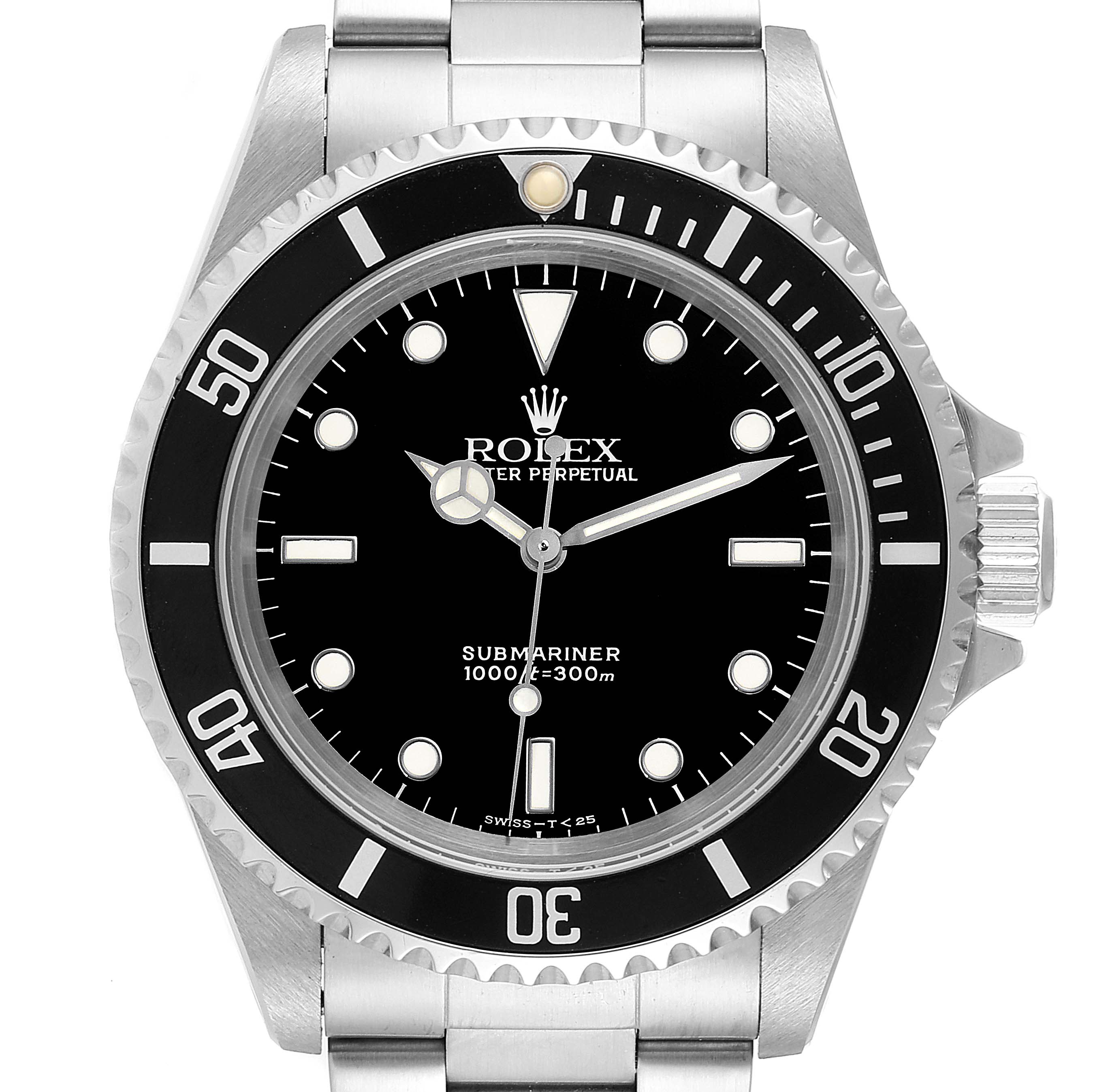 The Rolex Submariner 14060 Men
s Stainless Steel Black Dial 14060 Men
s Stainless Steel Black Dial watch is shown from a front angle, displaying the face, bezel, and part of the bracelet.