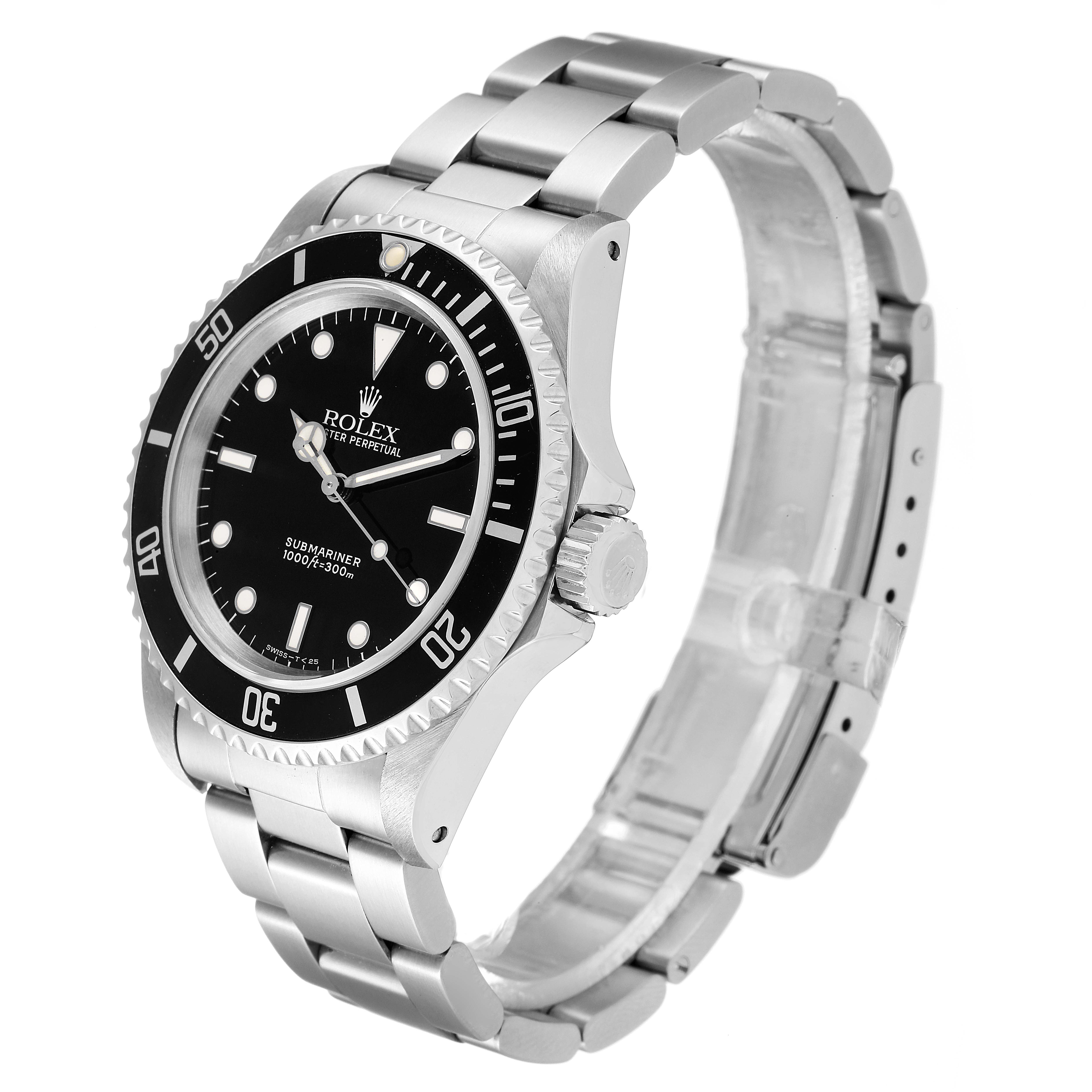 The image shows a side and front angle view of a Rolex Submariner 14060 Men
s Stainless Steel Black Dial 14060 Men
s Stainless Steel Black Dial watch, highlighting its bezel, dial, and bracelet.