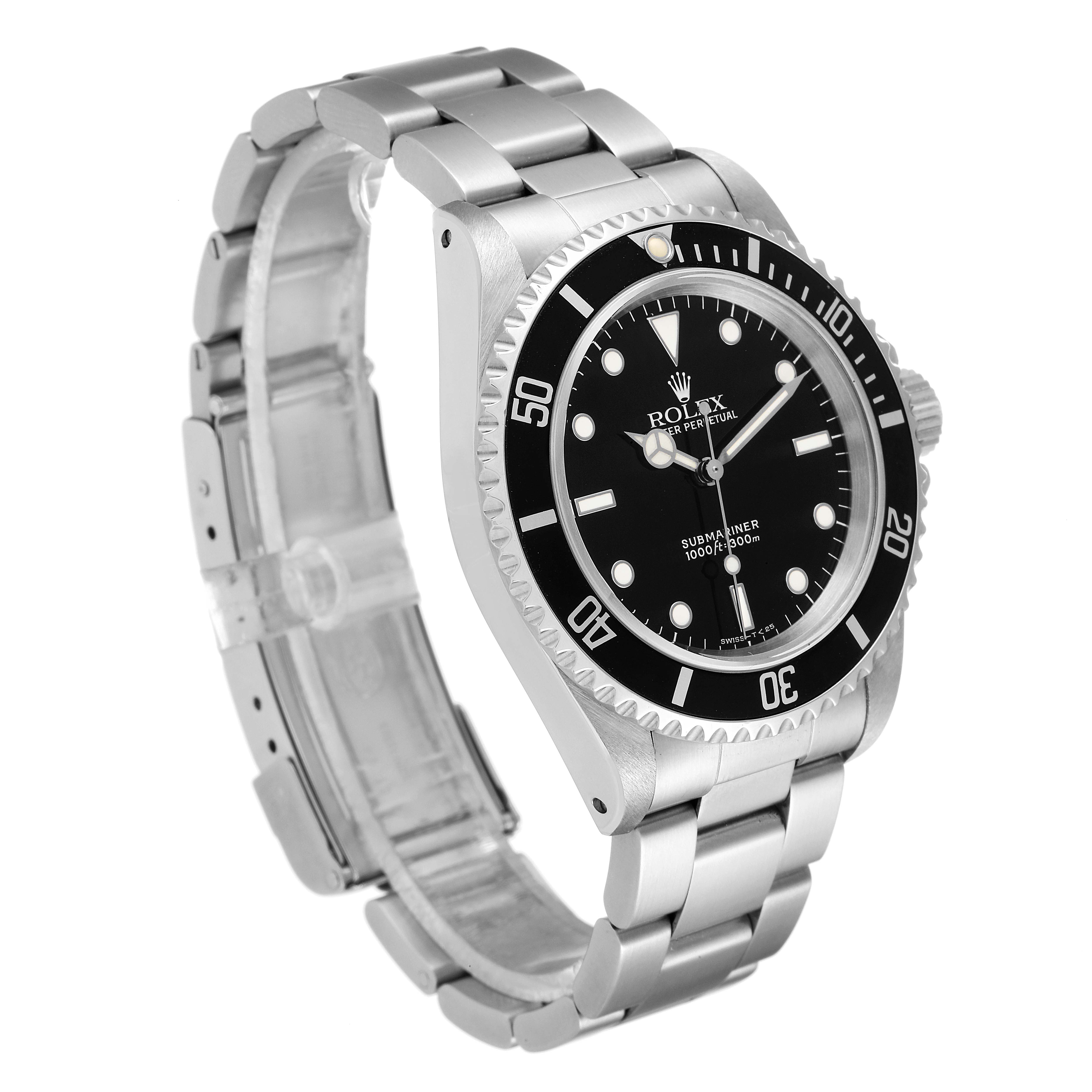 The image shows a side and top angle view of the Rolex Submariner 14060 Men
s Stainless Steel Black Dial 14060 Men
s Stainless Steel Black Dial, highlighting its bezel, dial, and bracelet.