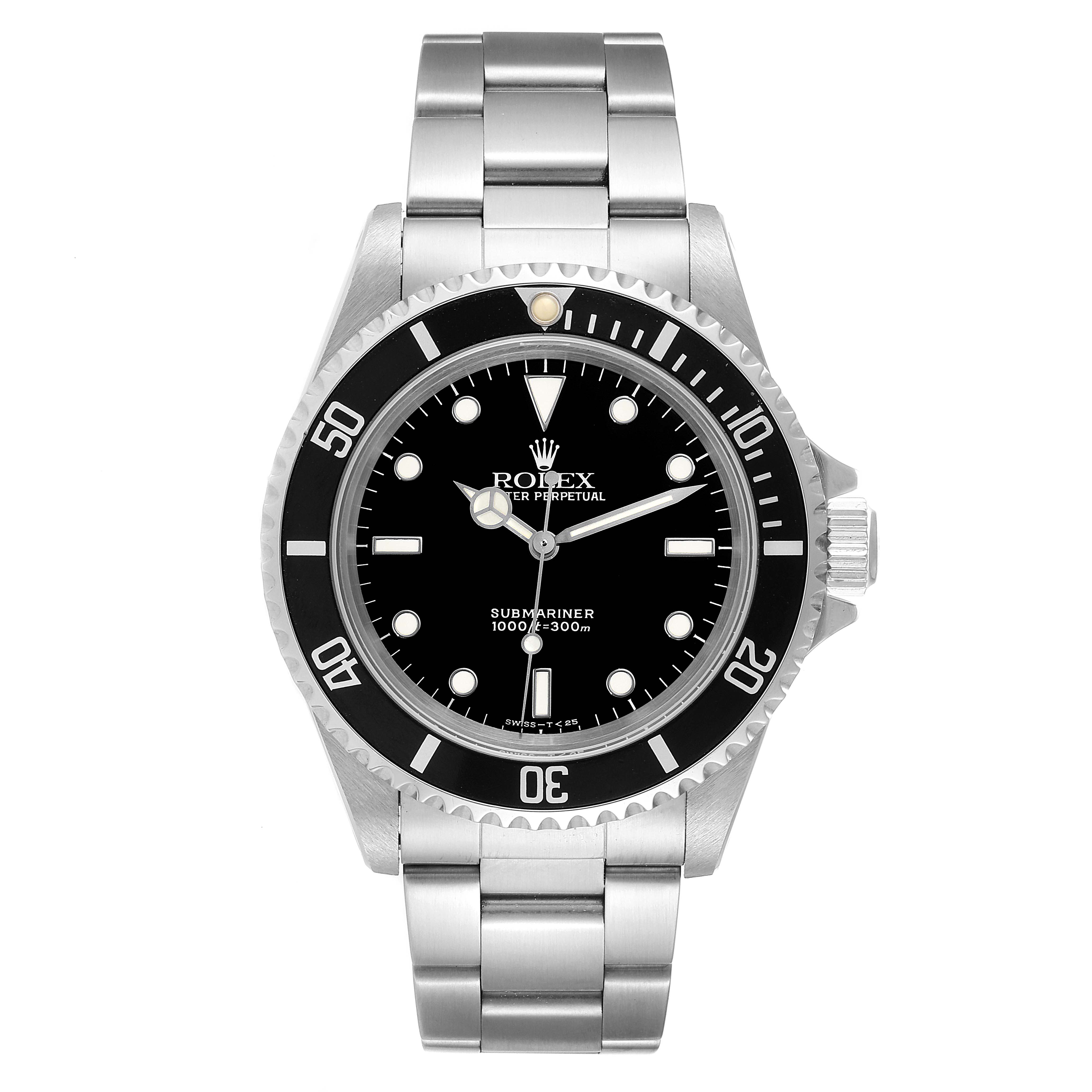 This image shows a Rolex Submariner 14060 Men
s Stainless Steel Black Dial 14060 Men
s Stainless Steel Black Dial watch from a front angle, displaying its dial, bezel, and bracelet.