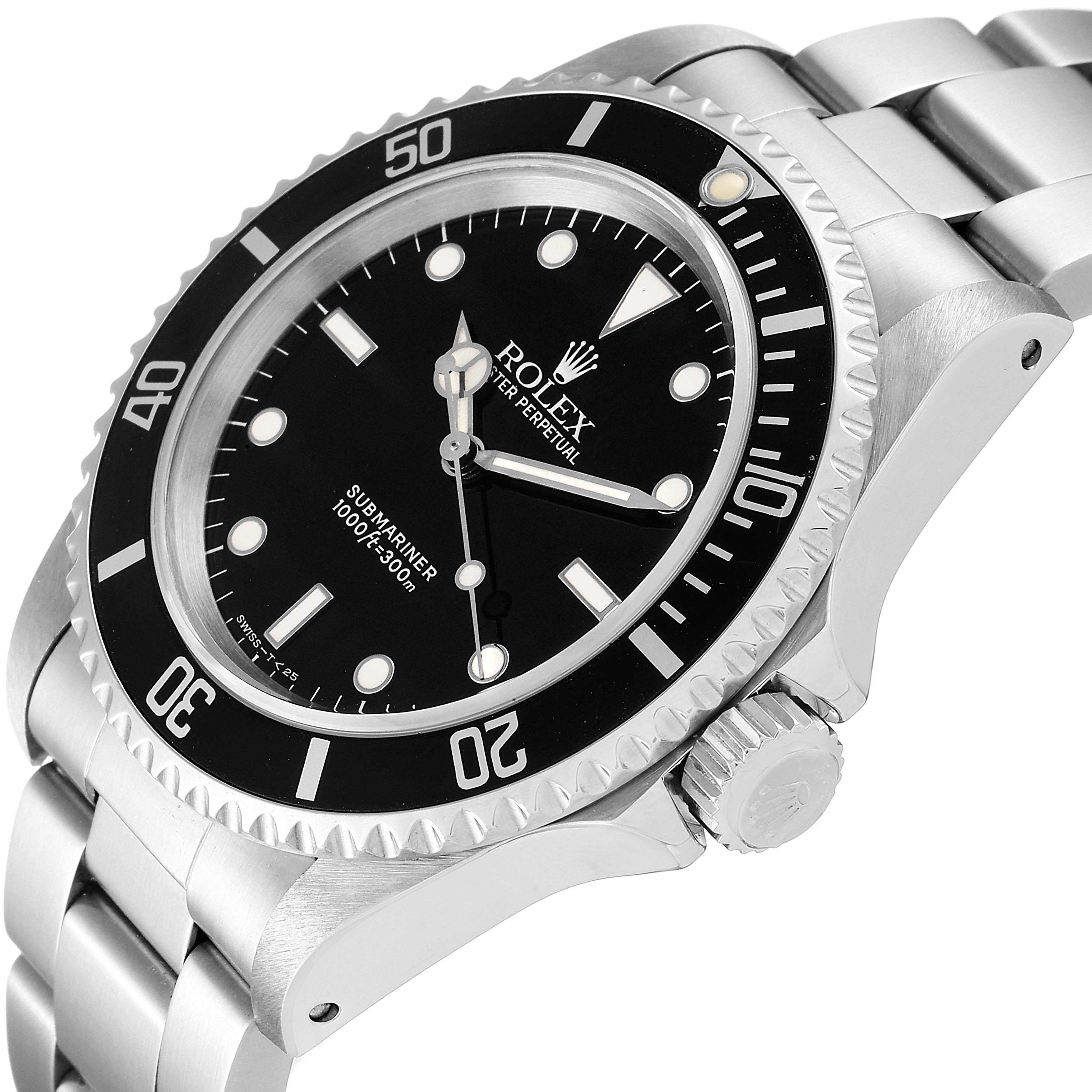 This Rolex Submariner 14060 Men
s Stainless Steel Black Dial 14060 Men
s Stainless Steel Black Dial watch is shown at a slight angle, focusing on its face, bezel, crown, and part of the bracelet.
