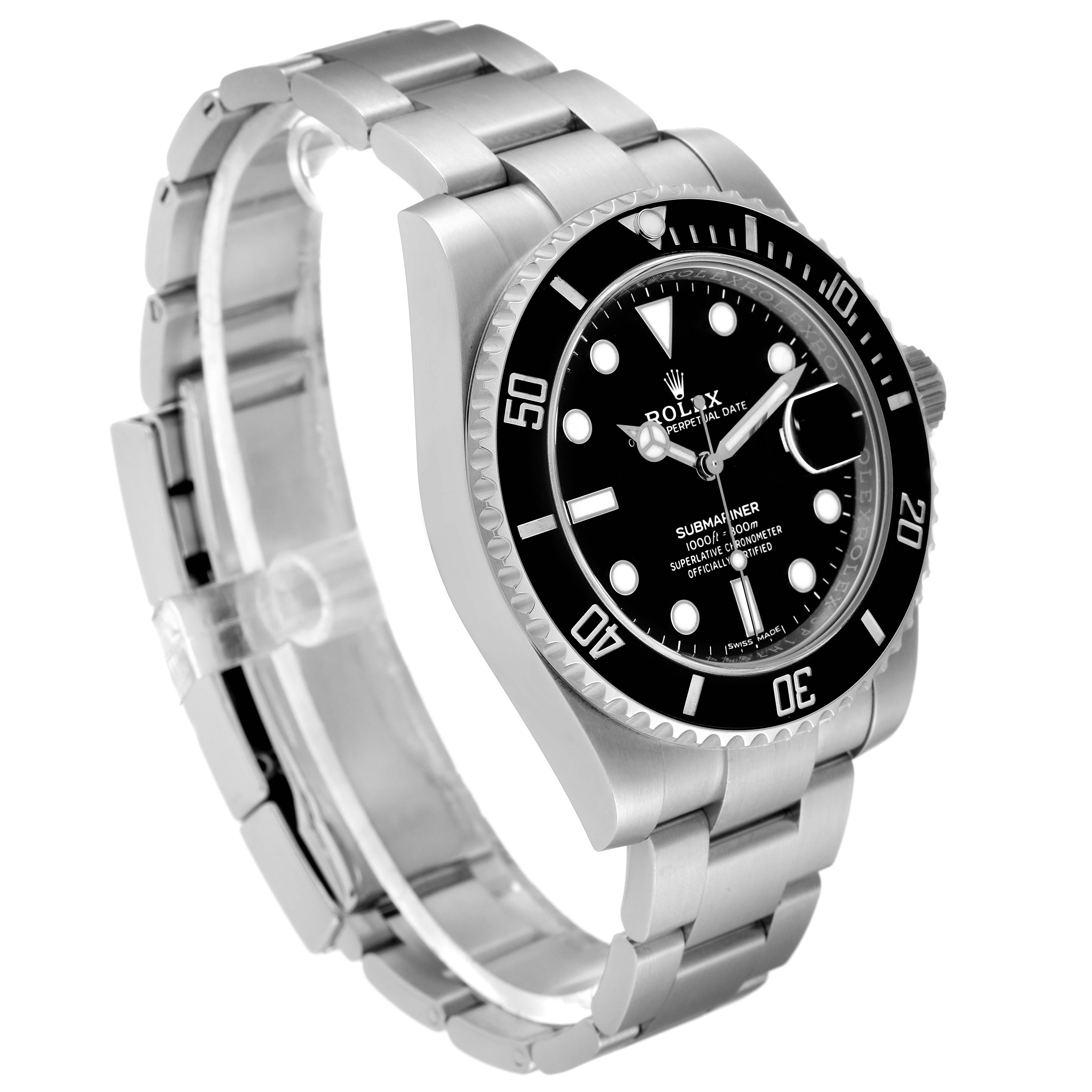This image shows a side angle of the Rolex Submariner 116610 Men
s Stainless Steel Black Dial 116610 Men
s Stainless Steel Black Dial watch, highlighting its bracelet, bezel, and dial.