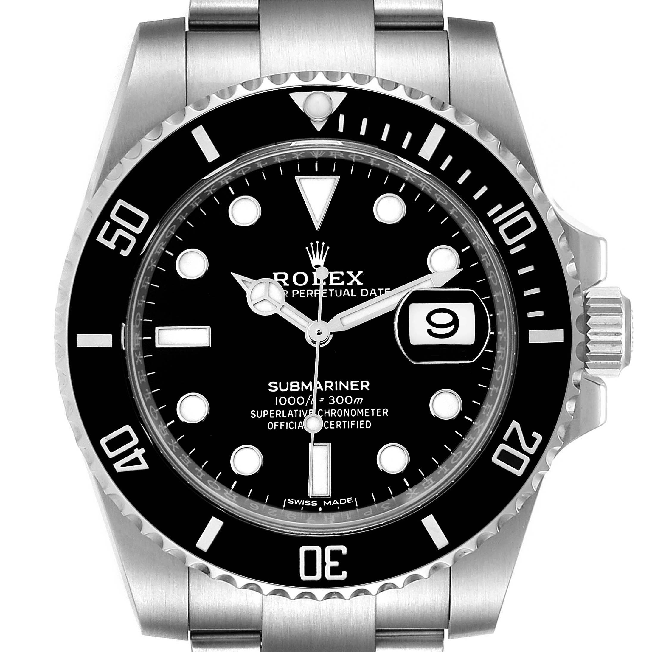 This image shows a front view of the Rolex Submariner 116610 Men
s Stainless Steel Black Dial 116610 Men
s Stainless Steel Black Dial watch, displaying its face, bezel, and part of the bracelet.