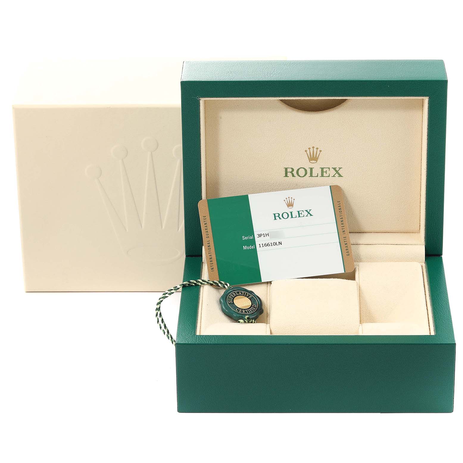 The image shows an open Rolex Submariner 116610 Men
s Stainless Steel Black Dial 116610 Men
s Stainless Steel Black Dial watch box containing the warranty card and a branded tag, viewed from the front.