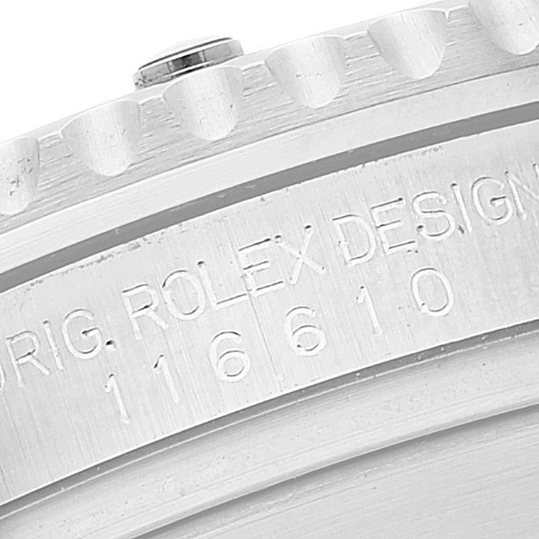 This close-up image shows the side engraving and the bezel edge of a Rolex Submariner 116610 Men
s Stainless Steel Black Dial 116610 Men
s Stainless Steel Black Dial watch.