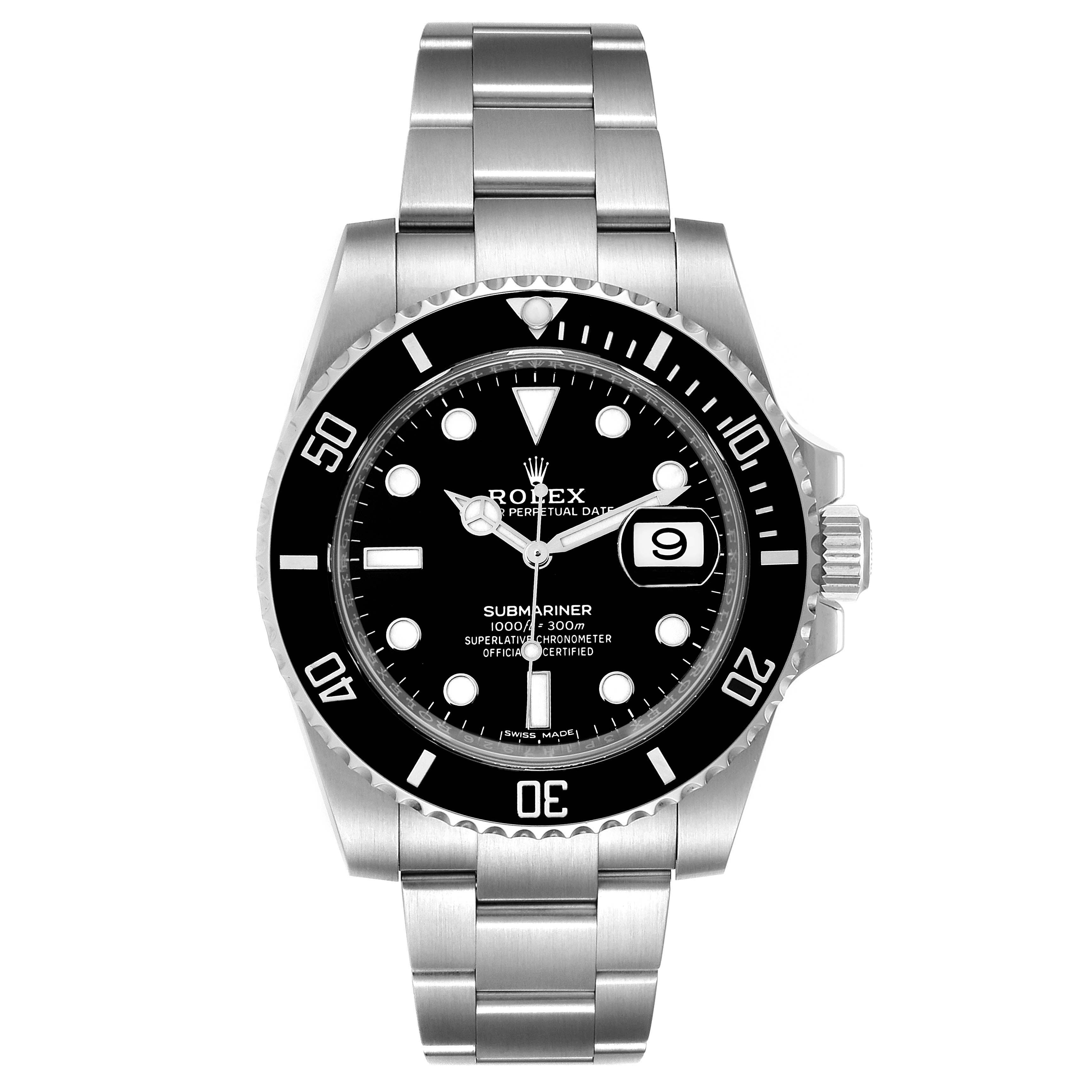 This is a frontal view of a Rolex Submariner 116610 Men
s Stainless Steel Black Dial 116610 Men
s Stainless Steel Black Dial watch, displaying the dial, bezel, bracelet, and date window.
