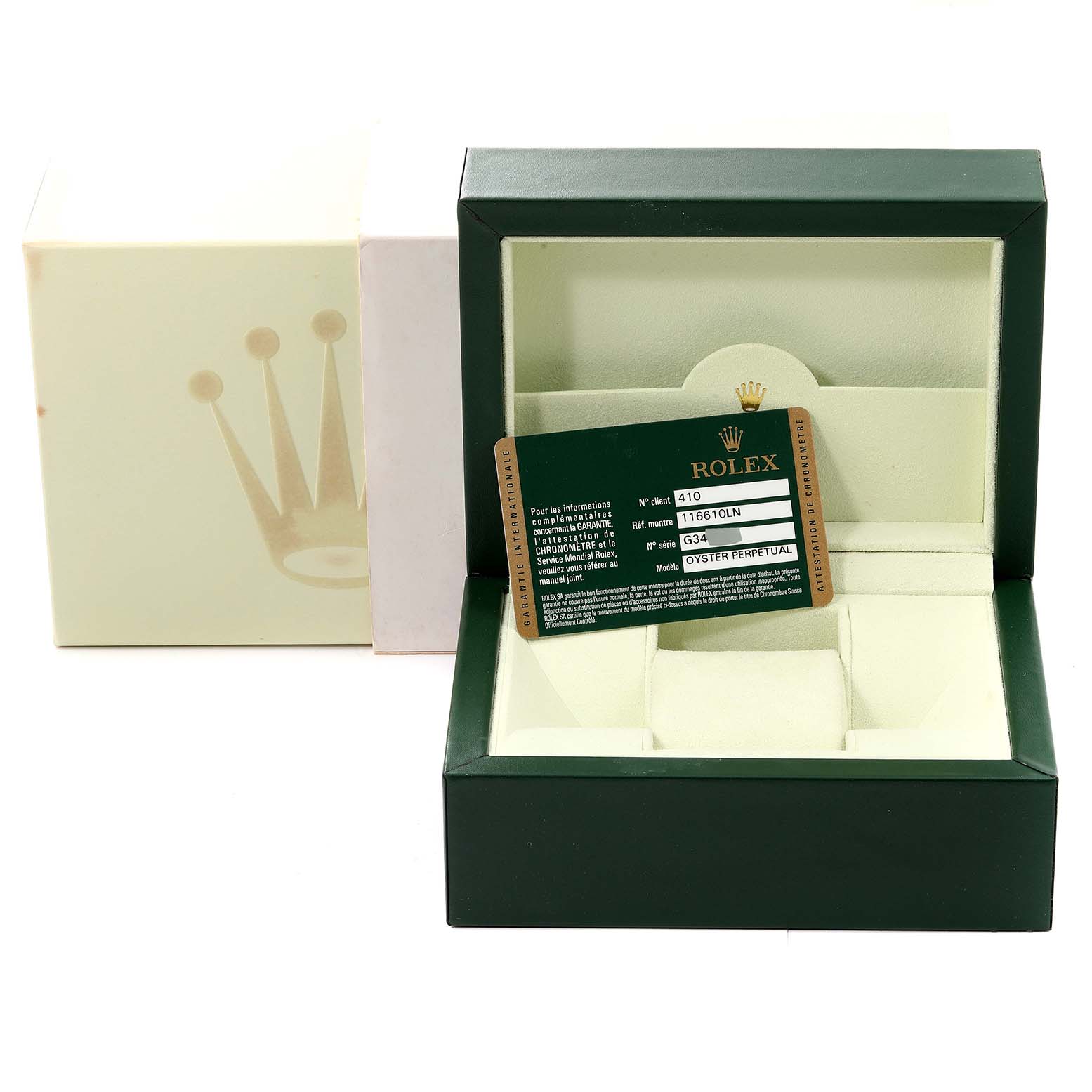 The image shows an open green box for a Rolex Submariner 116610 Men's Stainless Steel Black Dial 116610 Men's Stainless Steel Black Dial watch, along with the warranty card displayed inside the box.