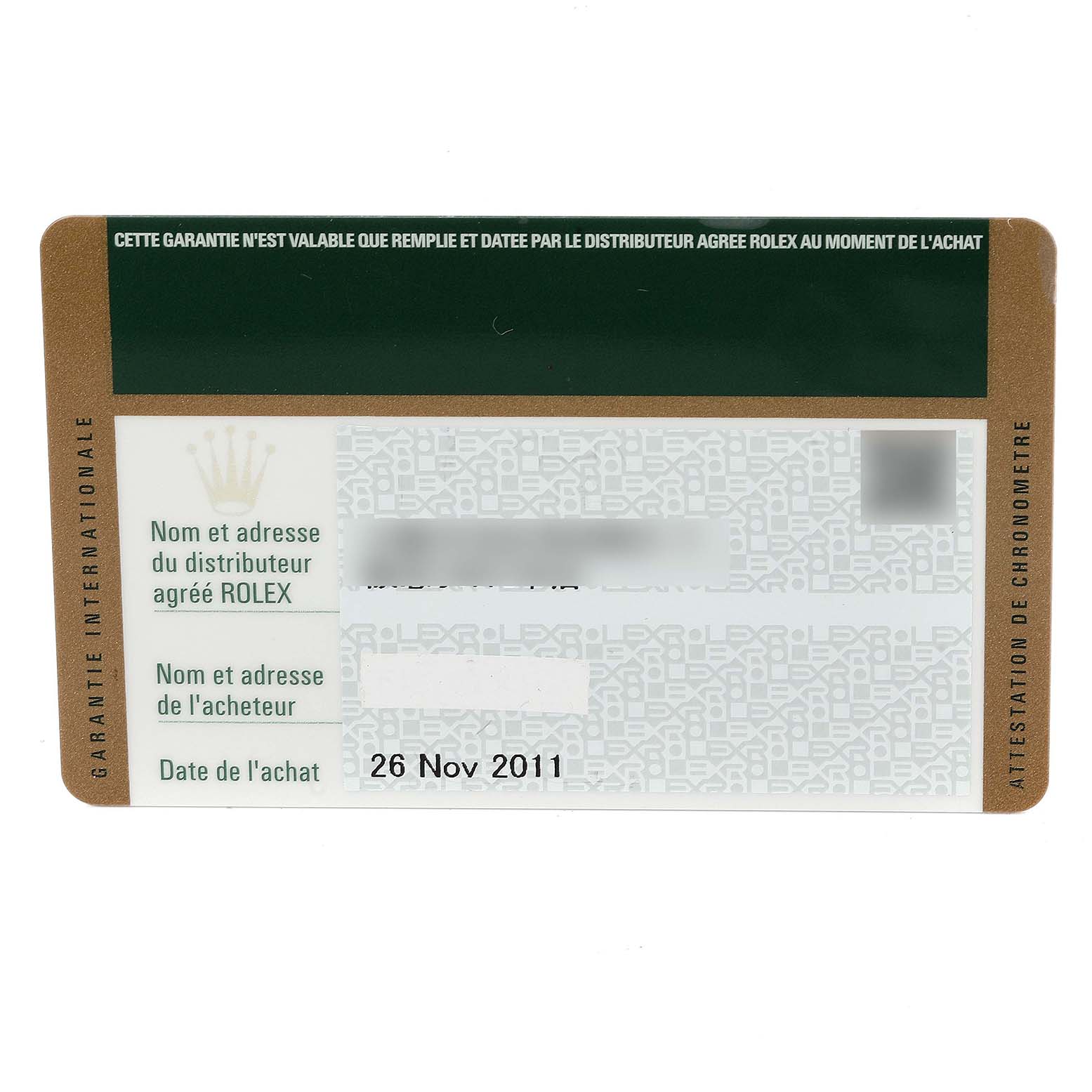 This image shows the guarantee card of a Rolex Submariner 116610 Men's Stainless Steel Black Dial 116610 Men's Stainless Steel Black Dial, detailing purchase information and distributor details.