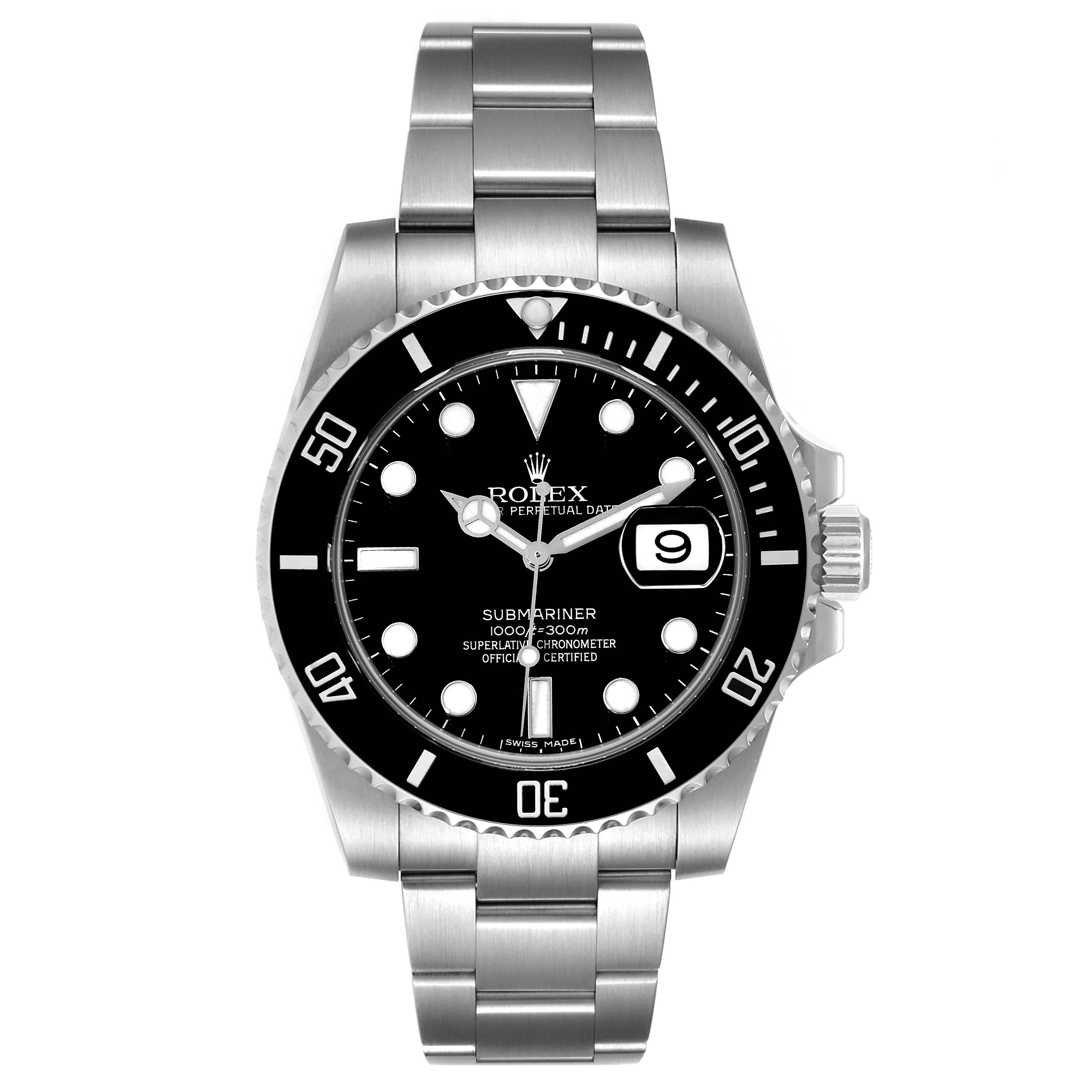 This image shows a front view of a Rolex Submariner 116610 Men's Stainless Steel Black Dial 116610 Men's Stainless Steel Black Dial watch, highlighting the dial, bezel, case, and bracelet.