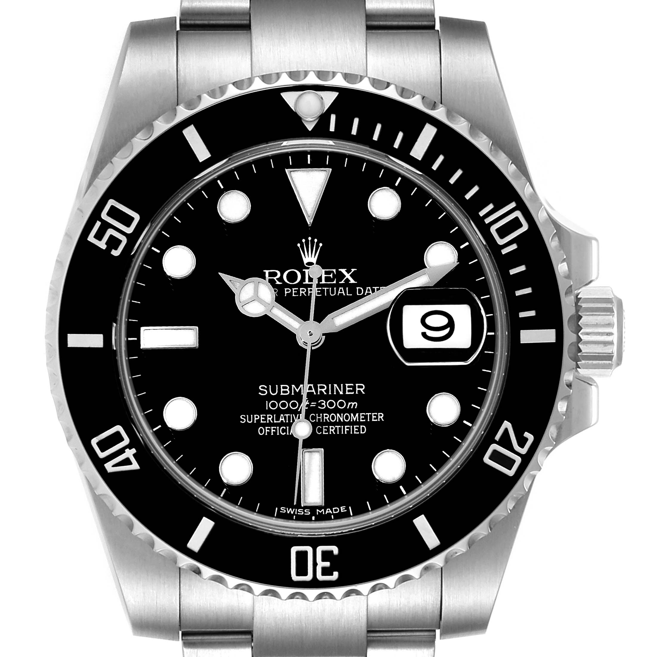 This image shows a frontal view of the Rolex Submariner 116610 Men's Stainless Steel Black Dial 116610 Men's Stainless Steel Black Dial watch, highlighting its dial, bezel, and part of the bracelet.
