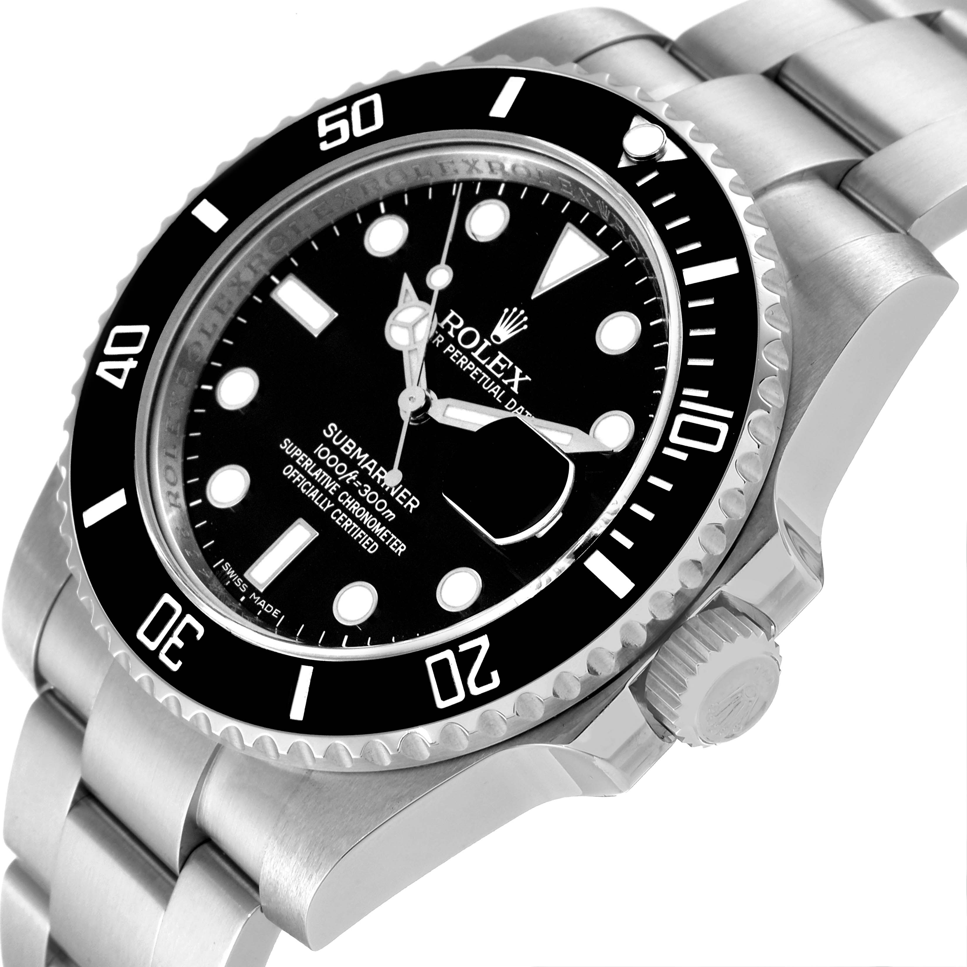 The image shows a close-up, angled view of the Rolex Submariner 116610 Men
s Stainless Steel Black Dial 116610 Men
s Stainless Steel Black Dial
s dial, bezel, and part of its stainless steel bracelet.