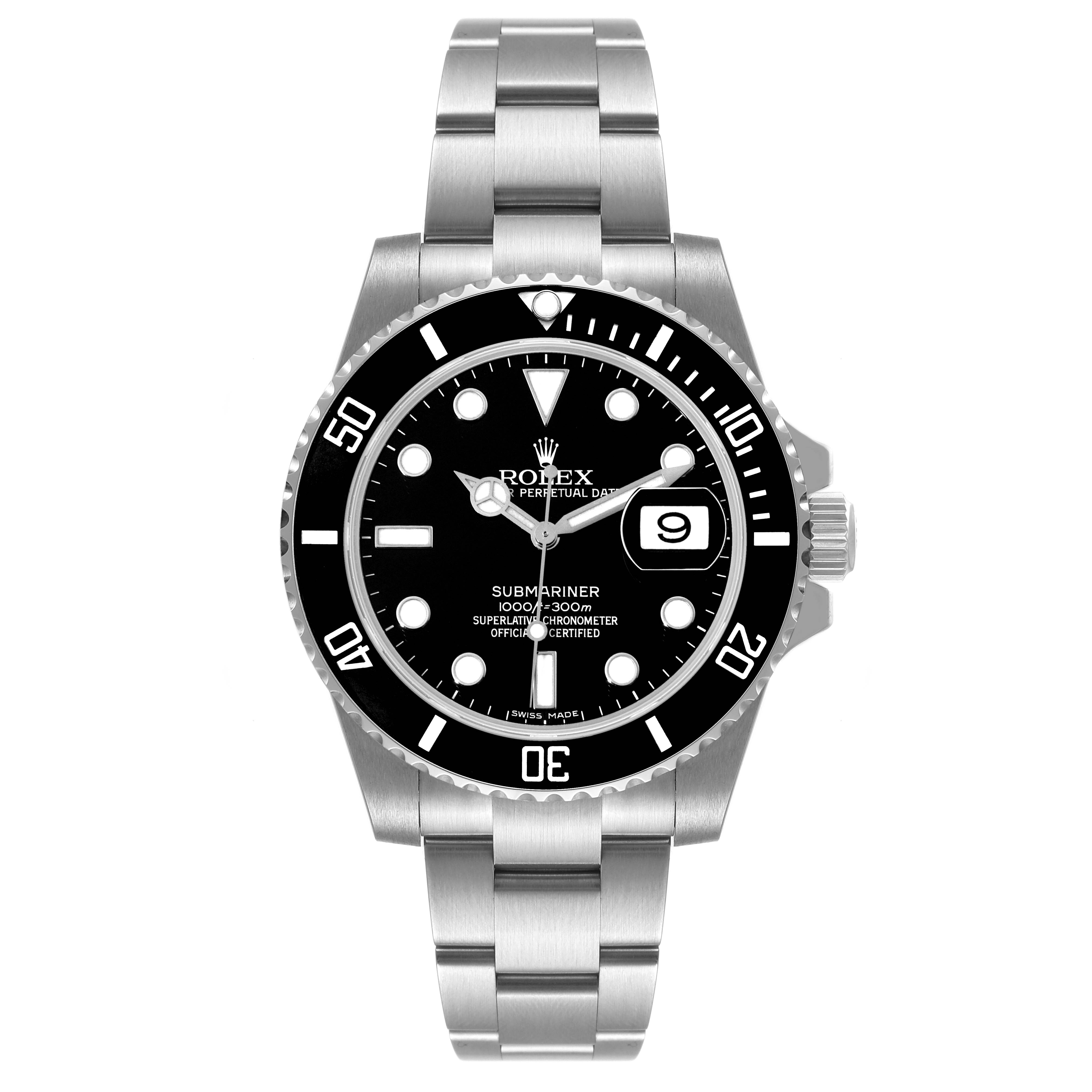 The image shows a front view of the Rolex Submariner 116610 Men
s Stainless Steel Black Dial 116610 Men
s Stainless Steel Black Dial watch, highlighting its dial, bezel, and bracelet.