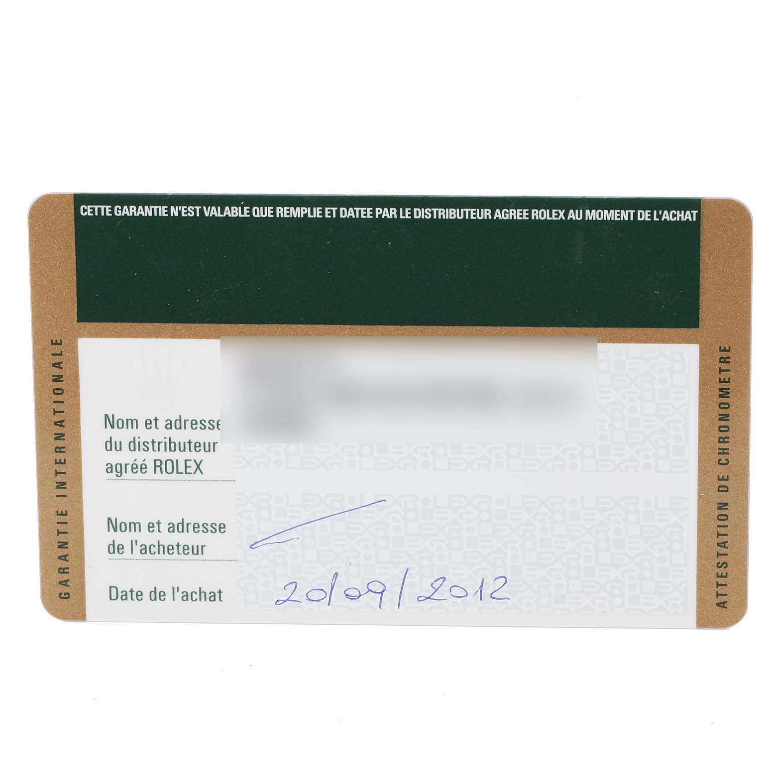 This is an image of the warranty card for a Rolex Submariner 116610 Men
s Stainless Steel Black Dial 116610 Men
s Stainless Steel Black Dial watch, showing dealer and purchase information.