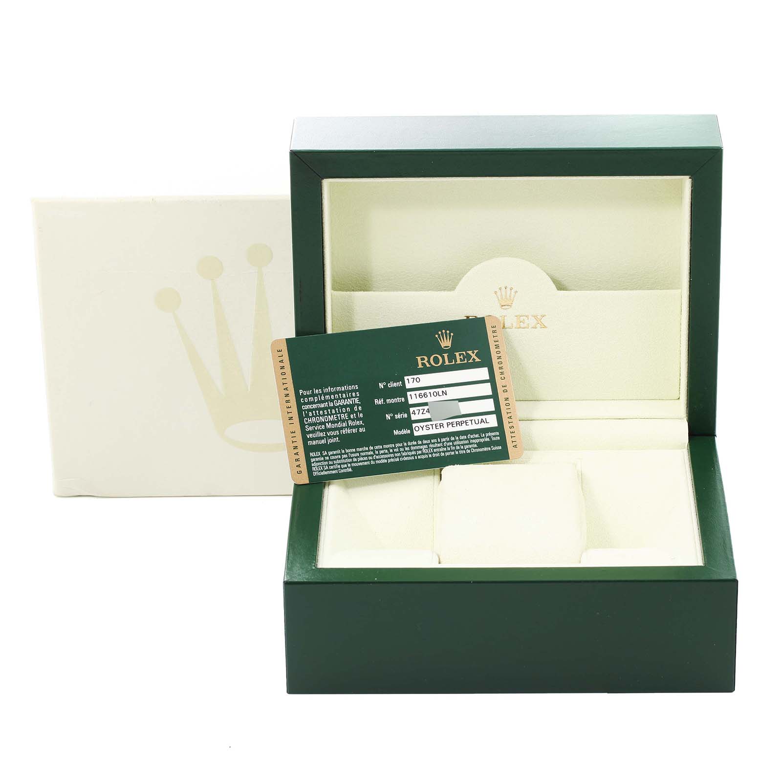 This image shows the packaging box for a Rolex Submariner 116610 Men
s Stainless Steel Black Dial 116610 Men
s Stainless Steel Black Dial watch, along with the warranty card placed inside.