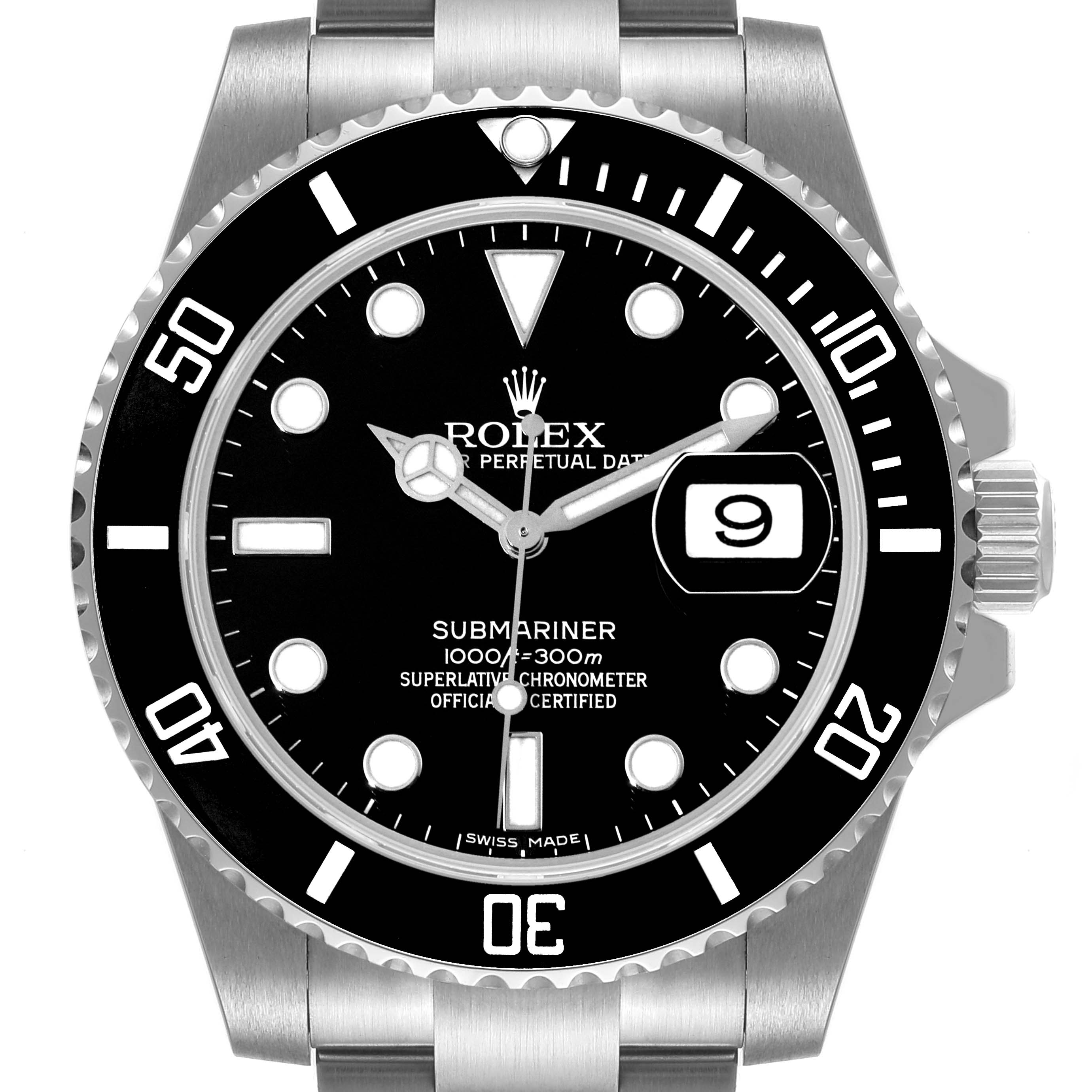 The image shows a front view of the Rolex Submariner 116610 Men
s Stainless Steel Black Dial 116610 Men
s Stainless Steel Black Dial watch, highlighting its dial, bezel, and bracelet.