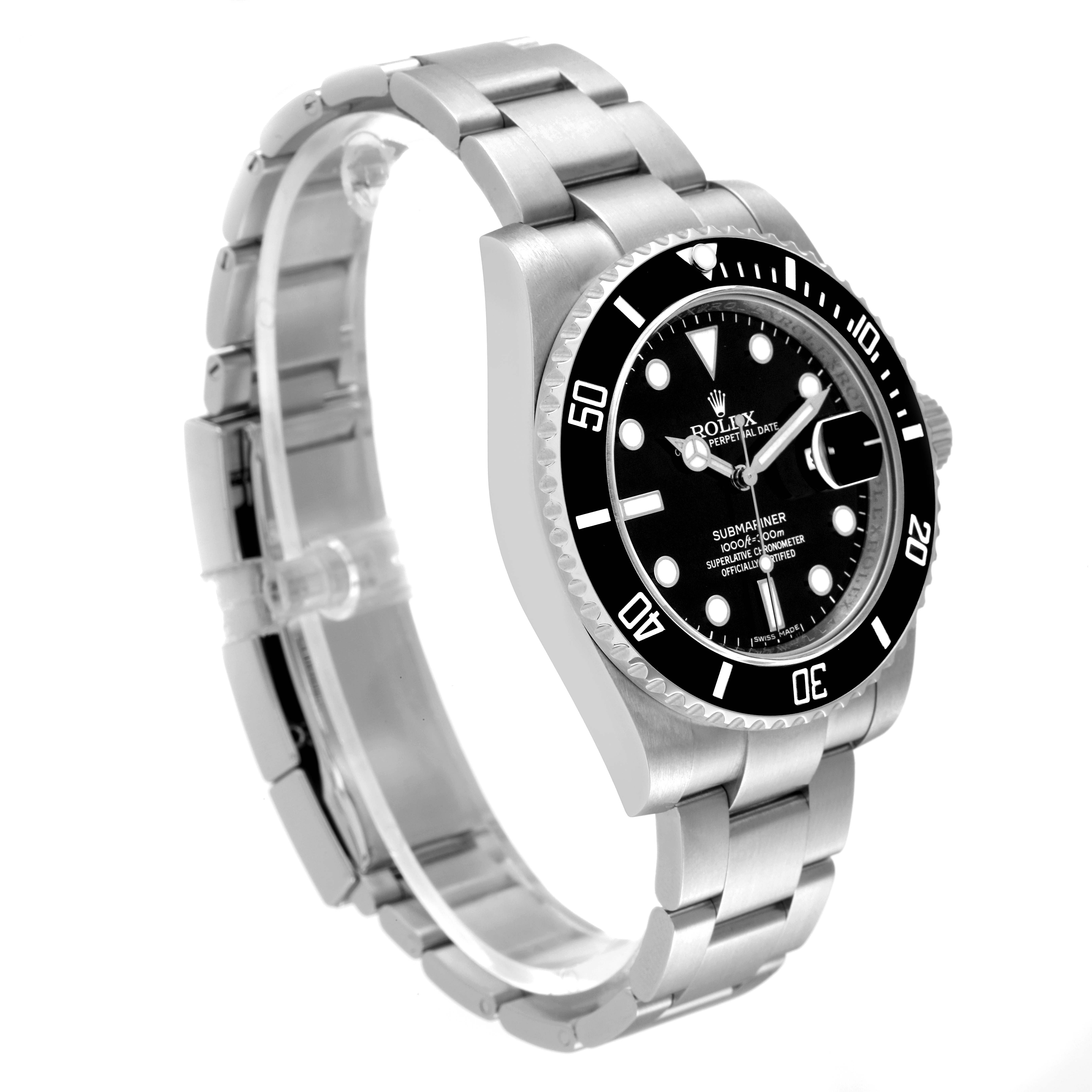 The image shows a Rolex Submariner 116610 Men
s Stainless Steel Black Dial 116610 Men
s Stainless Steel Black Dial watch at a three-quarter angle, highlighting its dial, bezel, and bracelet.