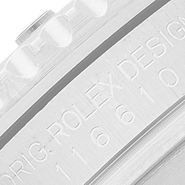 The image shows a close-up of the bezel and case side of a Rolex Submariner 116610 Men
s Stainless Steel Black Dial 116610 Men
s Stainless Steel Black Dial watch with "ORIG. ROLEX DESIGN" engraving.