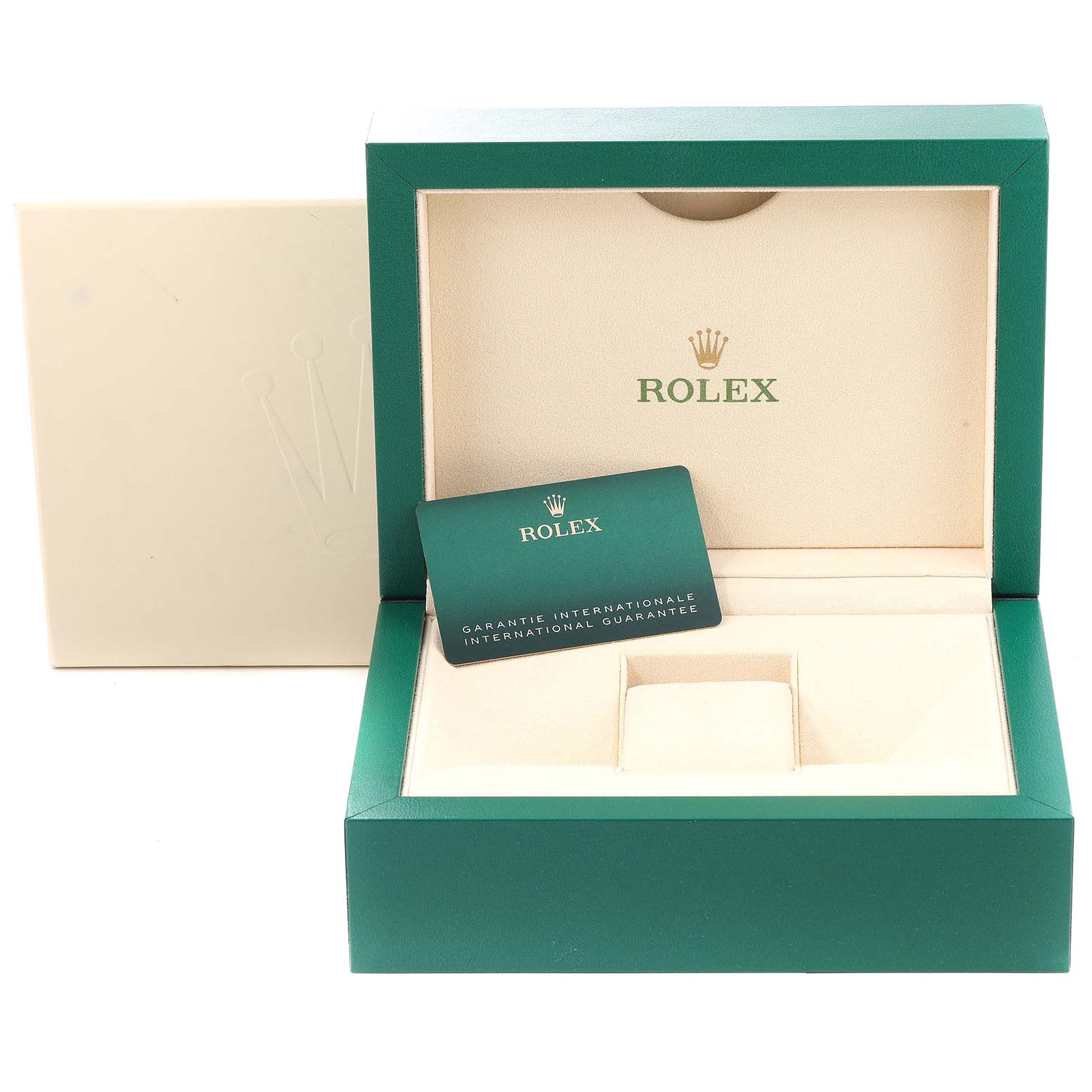 The image shows an open green Rolex watch box and an international guarantee card for the Rolex Submariner 126610 Men
s Stainless Steel Black Dial 126610 Men
s Stainless Steel Black Dial model.