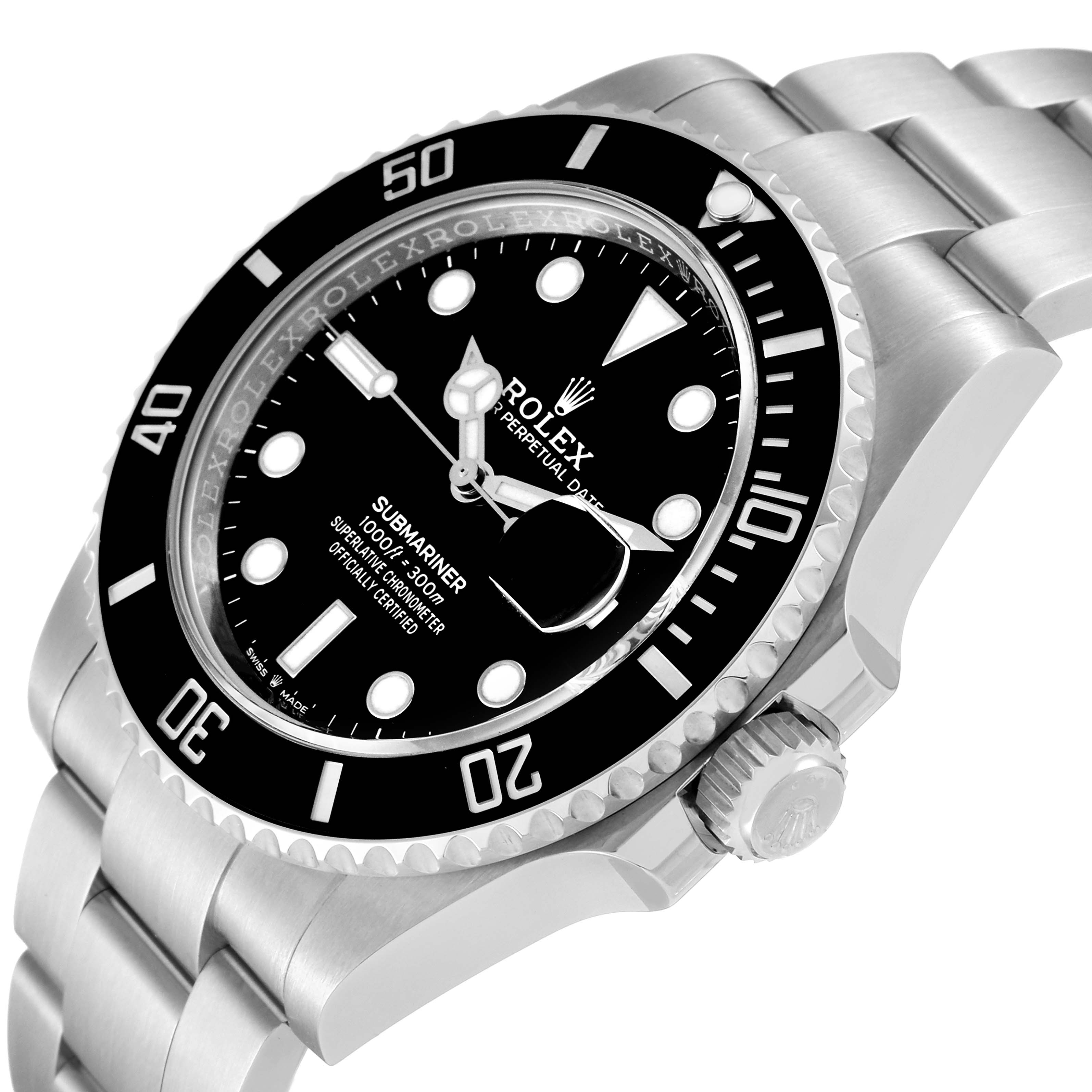 The image shows a Rolex Submariner 126610 Men
s Stainless Steel Black Dial 126610 Men
s Stainless Steel Black Dial watch at a three-quarter angle, highlighting its black dial, bezel, and bracelet.