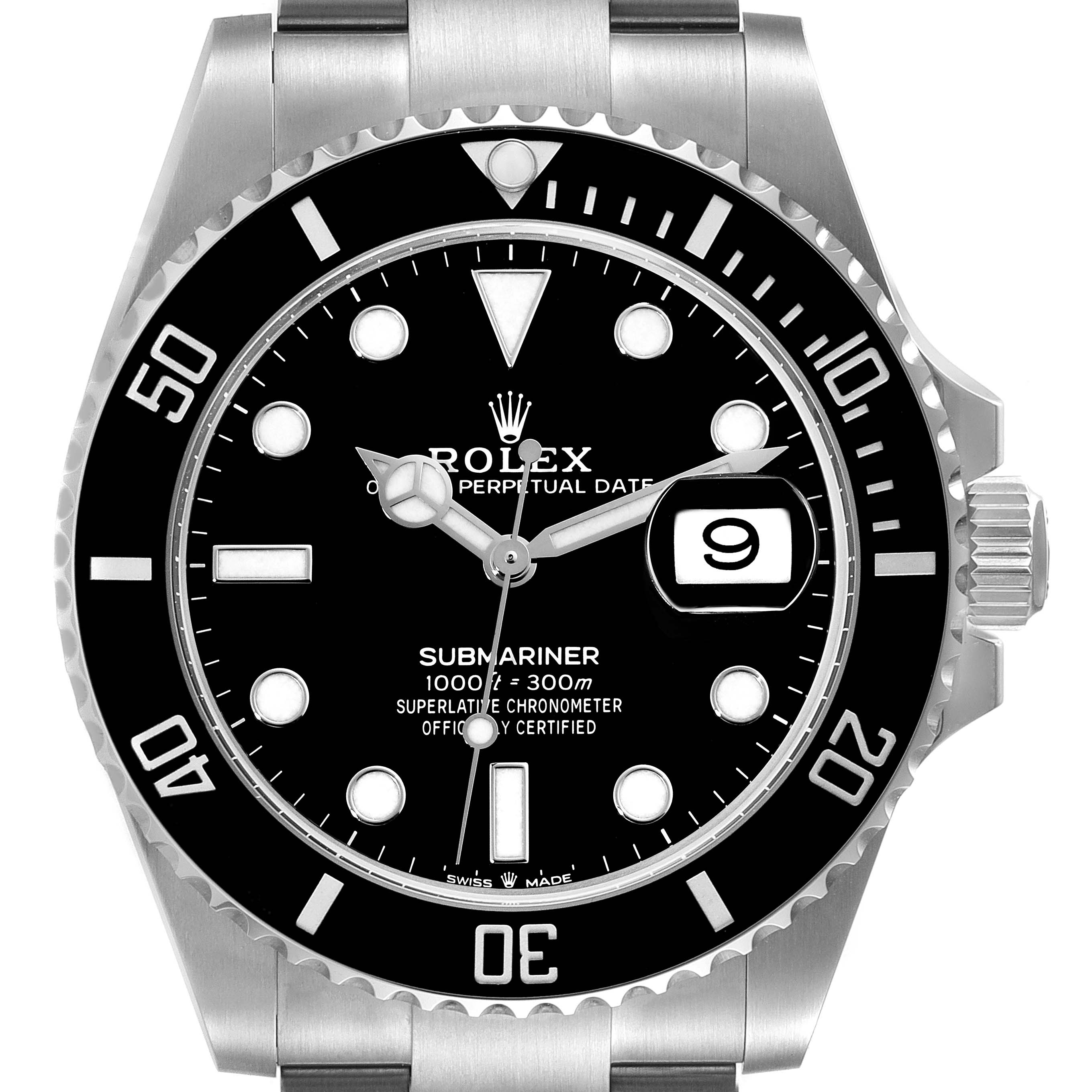 This image shows a frontal view of a Rolex Submariner 126610 Men
s Stainless Steel Black Dial 126610 Men
s Stainless Steel Black Dial watch, highlighting the black dial, bezel, and date window.