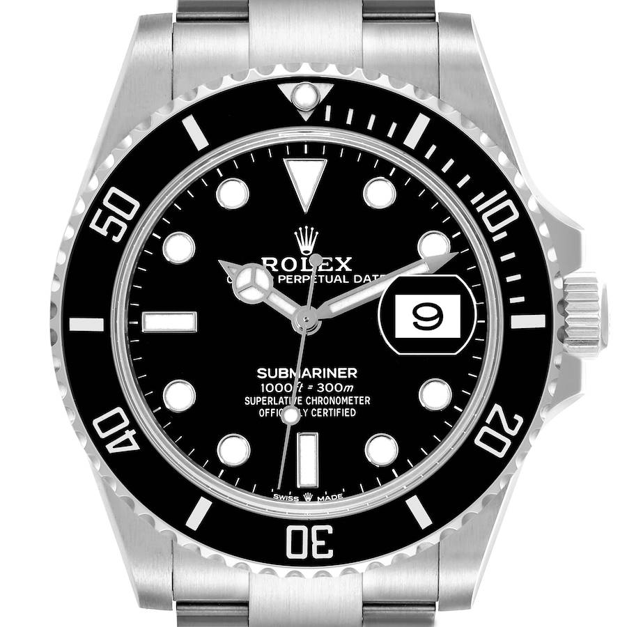 This Rolex Submariner watch is shown from a front angle, displaying the dial, bezel, crown, and part of the bracelet.