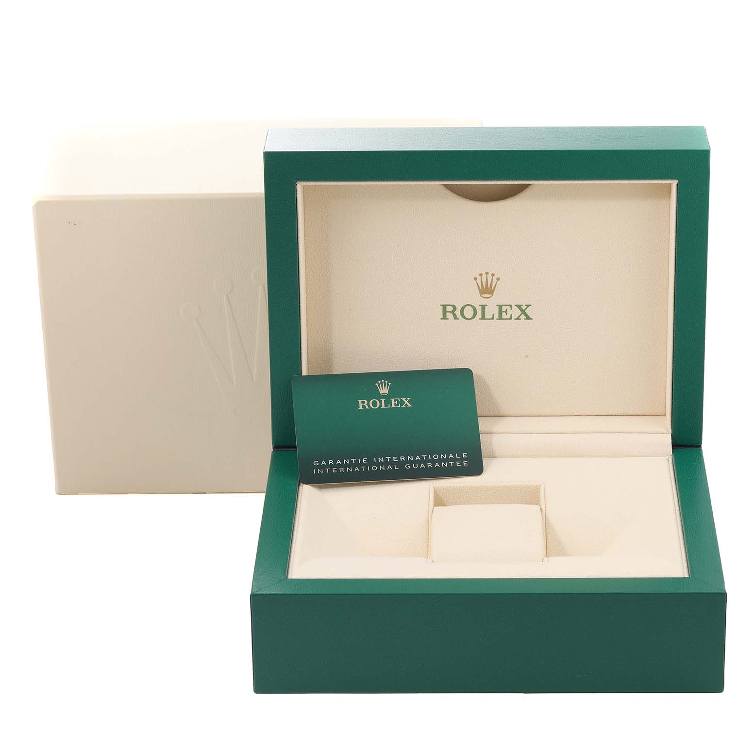 The image shows an open Rolex Submariner 126610 Men
s Stainless Steel Black Dial 126610 Men
s Stainless Steel Black Dial box and international guarantee card set at an oblique angle.