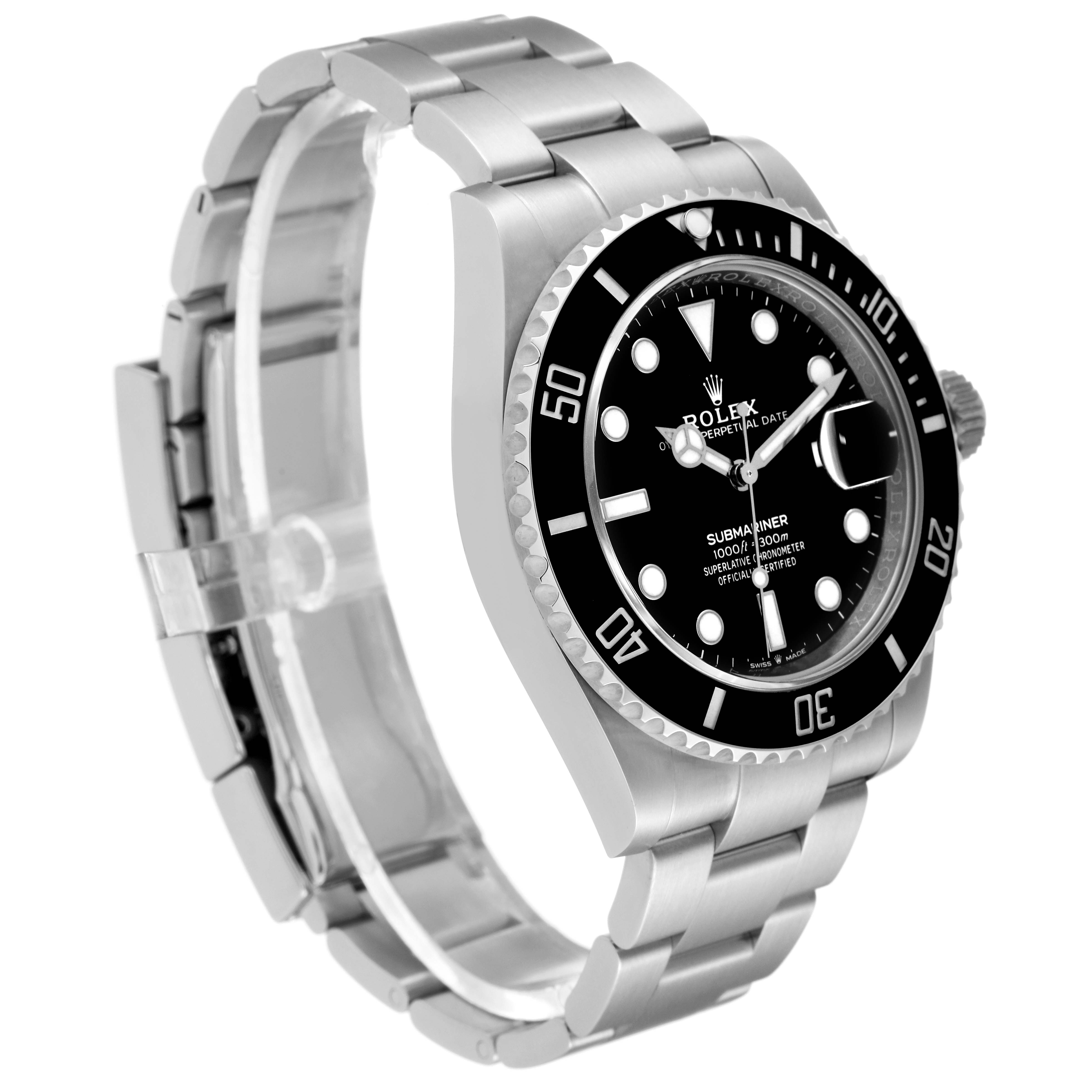 The image shows a Rolex Submariner 126610 Men
s Stainless Steel Black Dial 126610 Men
s Stainless Steel Black Dial watch at an angle displaying its face, bezel, crown, and stainless steel bracelet.