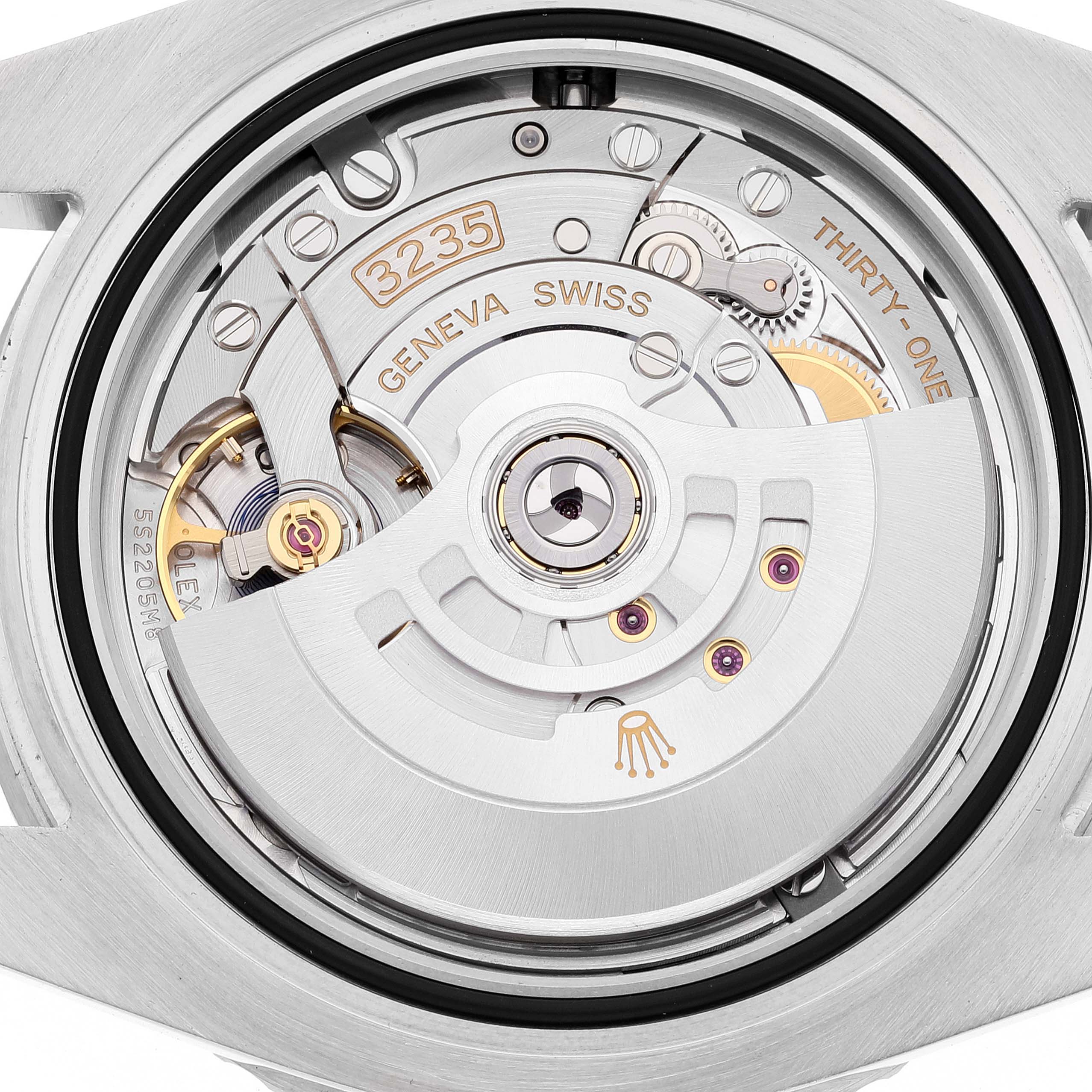 This image shows a close-up of the Rolex Submariner 126610 Men
s Stainless Steel Black Dial 126610 Men
s Stainless Steel Black Dial
s movement, highlighting its intricate internal components and engravings.