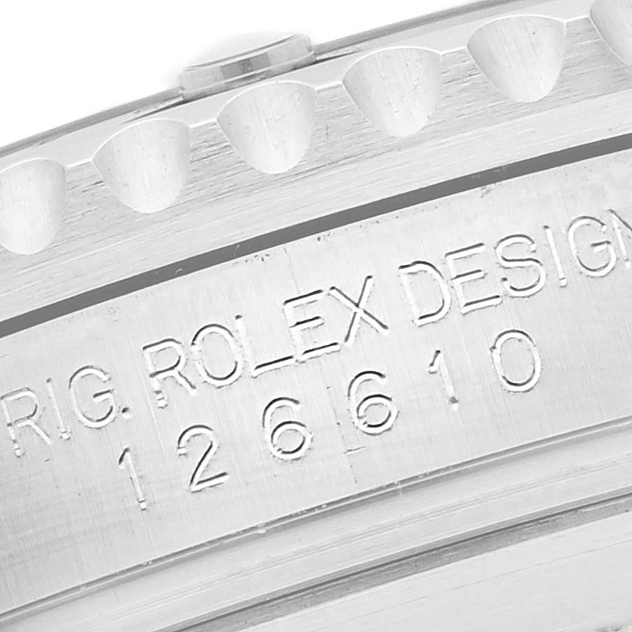 This is a close-up image showing the engraved model number "126610" on the side of a Rolex Submariner 126610 Men
s Stainless Steel Black Dial 126610 Men
s Stainless Steel Black Dial watch case.