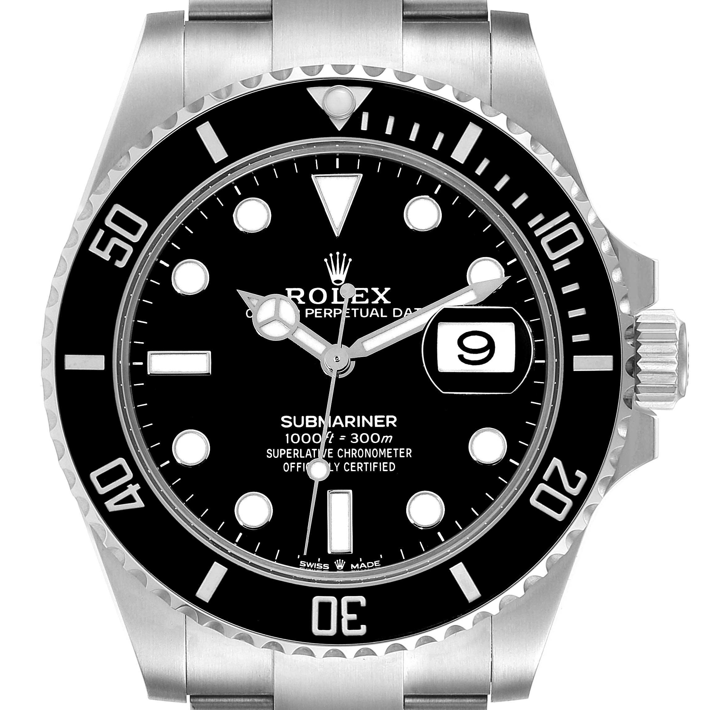 This image shows a front view of a Rolex Submariner 126610 Men
s Stainless Steel Black Dial 126610 Men
s Stainless Steel Black Dial watch, displaying the dial, hands, bezel, crown, and part of the bracelet.