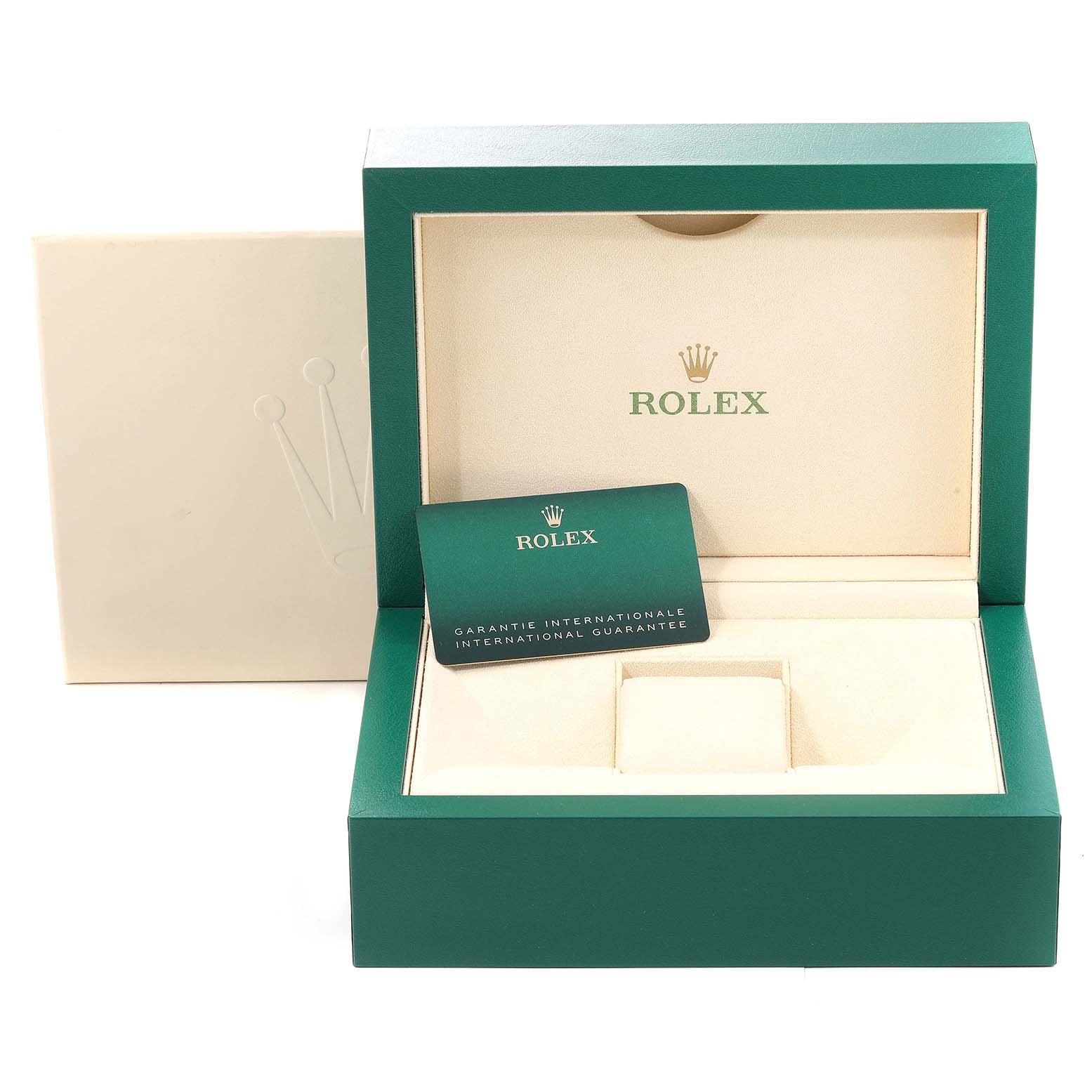 The image shows the open green box and international guarantee card for a Rolex Submariner 126610 Men
s Stainless Steel Black Dial 126610 Men
s Stainless Steel Black Dial watch.