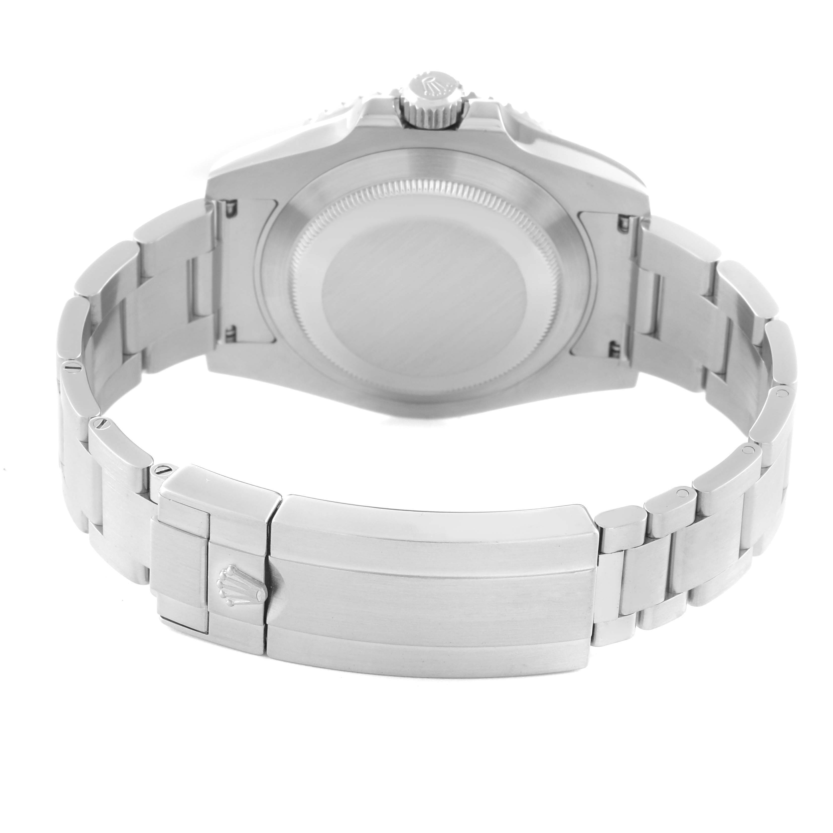 The image shows the backside of a Rolex Submariner 116610LV Men's Stainless Steel Green Dial 116610LV Men's Stainless Steel Green Dial watch, featuring the case back, bracelet, and clasp.