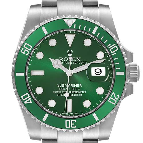 The image shows a front view of the Rolex Submariner watch featuring a green bezel and dial with a date display.