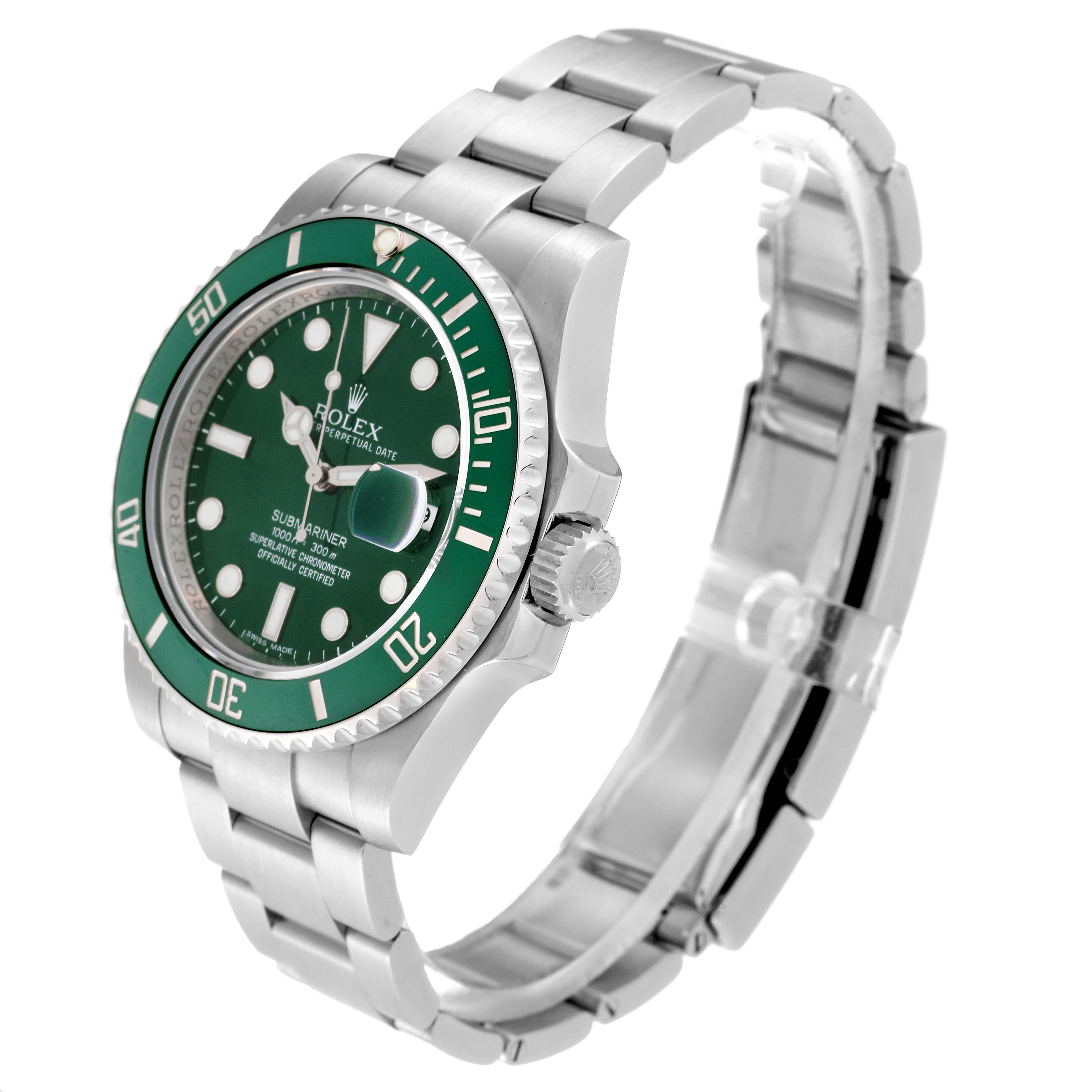 This image shows a side-angle view of a Rolex Submariner 116610LV Men's Stainless Steel Green Dial 116610LV Men's Stainless Steel Green Dial watch, highlighting the green bezel, dial, and stainless steel bracelet.