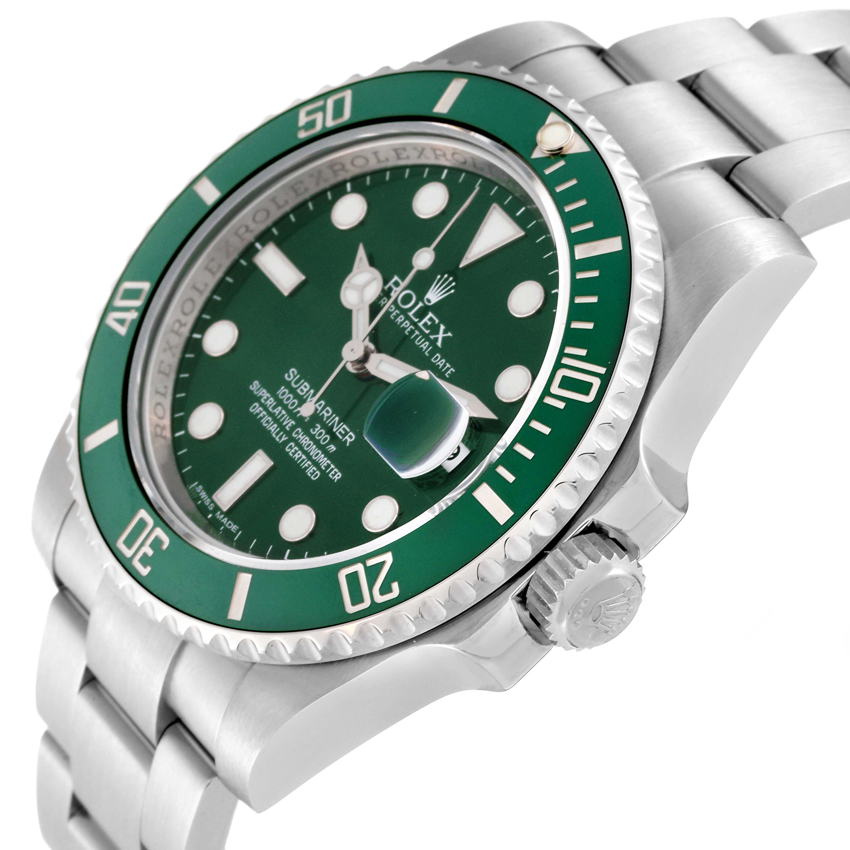The image shows a side angle of a Rolex Submariner 116610LV Men's Stainless Steel Green Dial 116610LV Men's Stainless Steel Green Dial watch, highlighting the green dial, bezel, crown, and stainless steel bracelet.