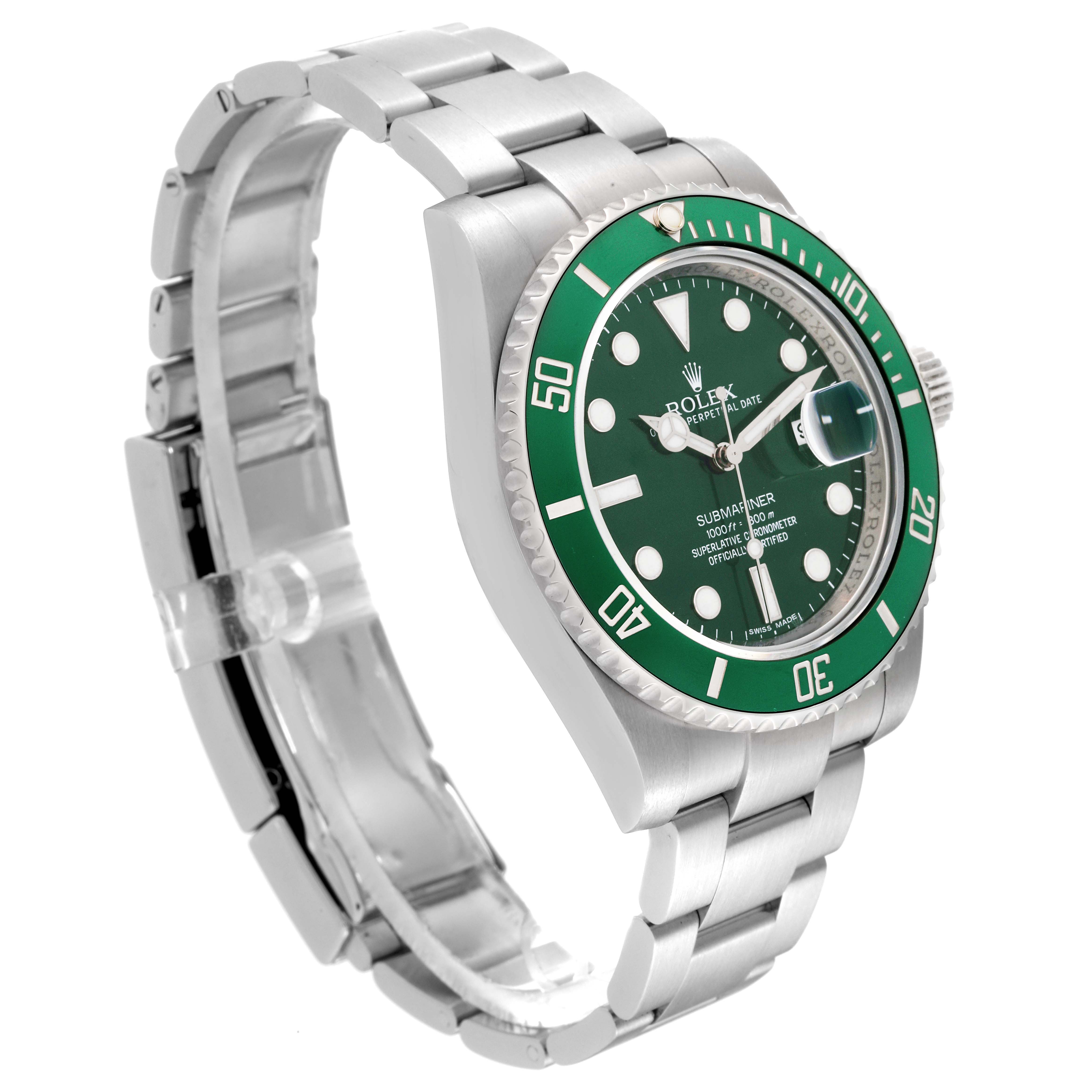 The Rolex Submariner 116610LV Men's Stainless Steel Green Dial 116610LV Men's Stainless Steel Green Dial watch is shown at an oblique angle, displaying the face, bezel, bracelet, and crown.