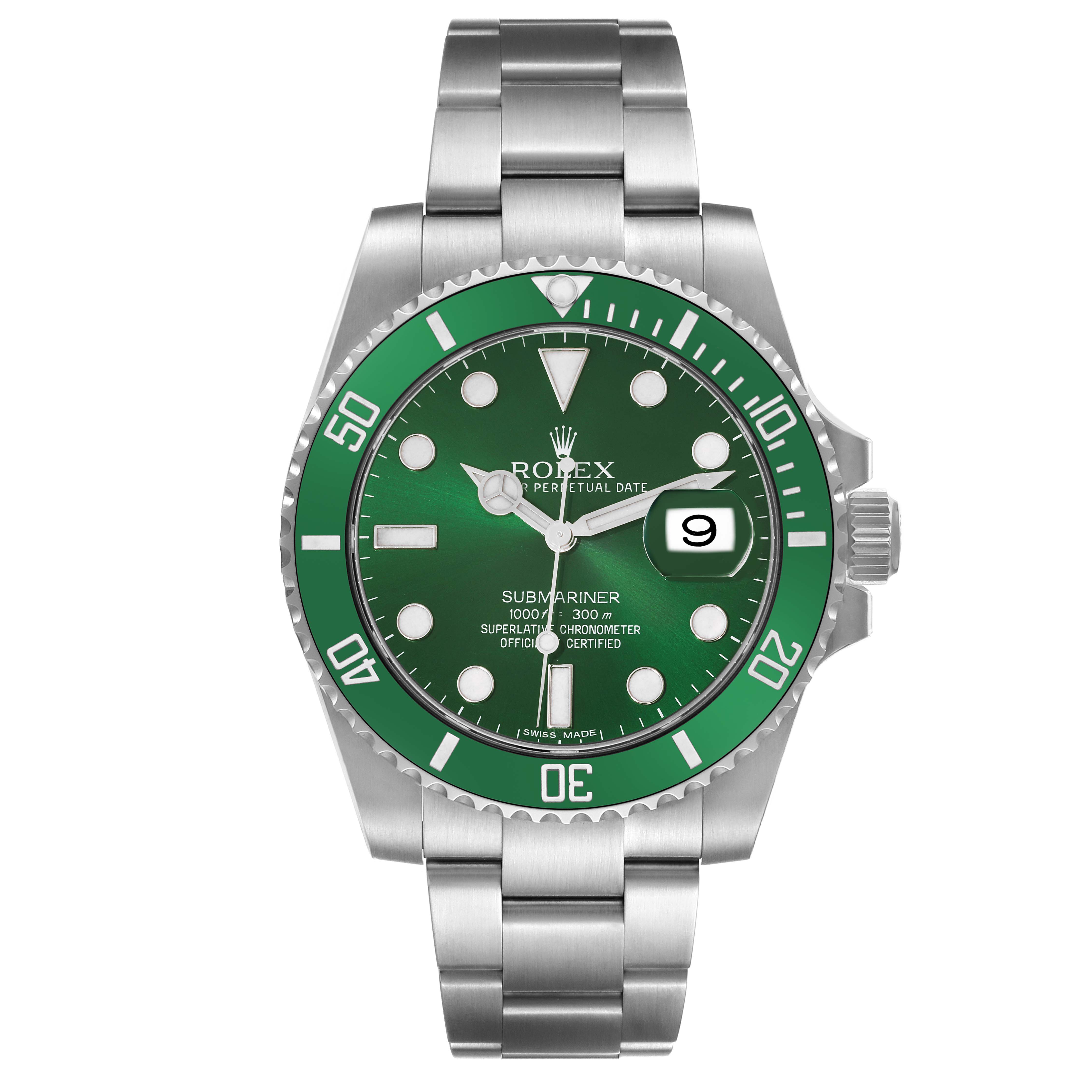 The image shows a front view of a Rolex Submariner 116610LV Men's Stainless Steel Green Dial 116610LV Men's Stainless Steel Green Dial watch with a green dial and bezel.