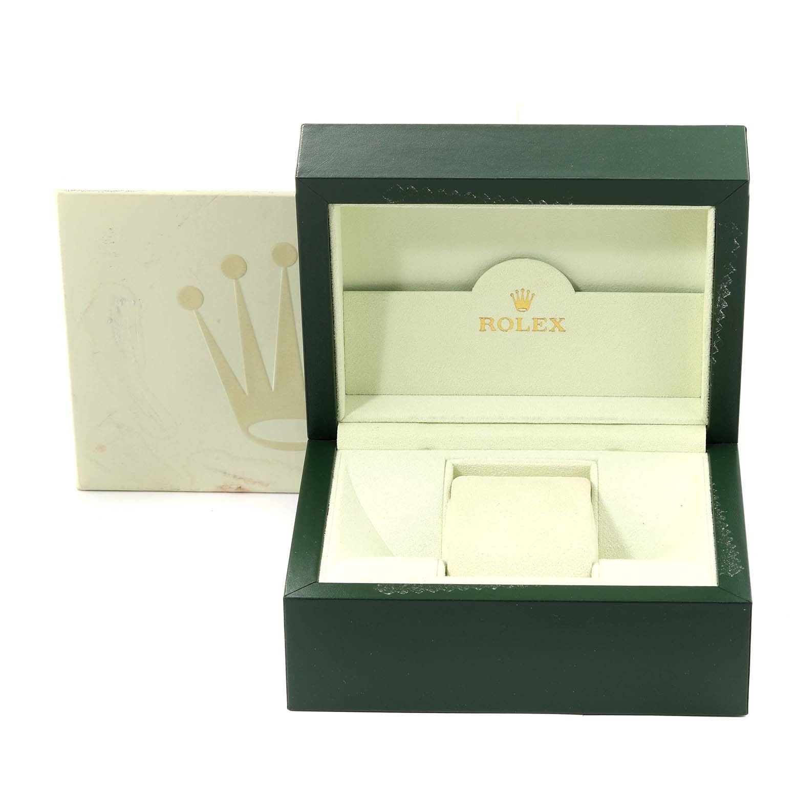 This image shows an open green and beige Rolex watch box with the Rolex logo, designed for the Submariner model.