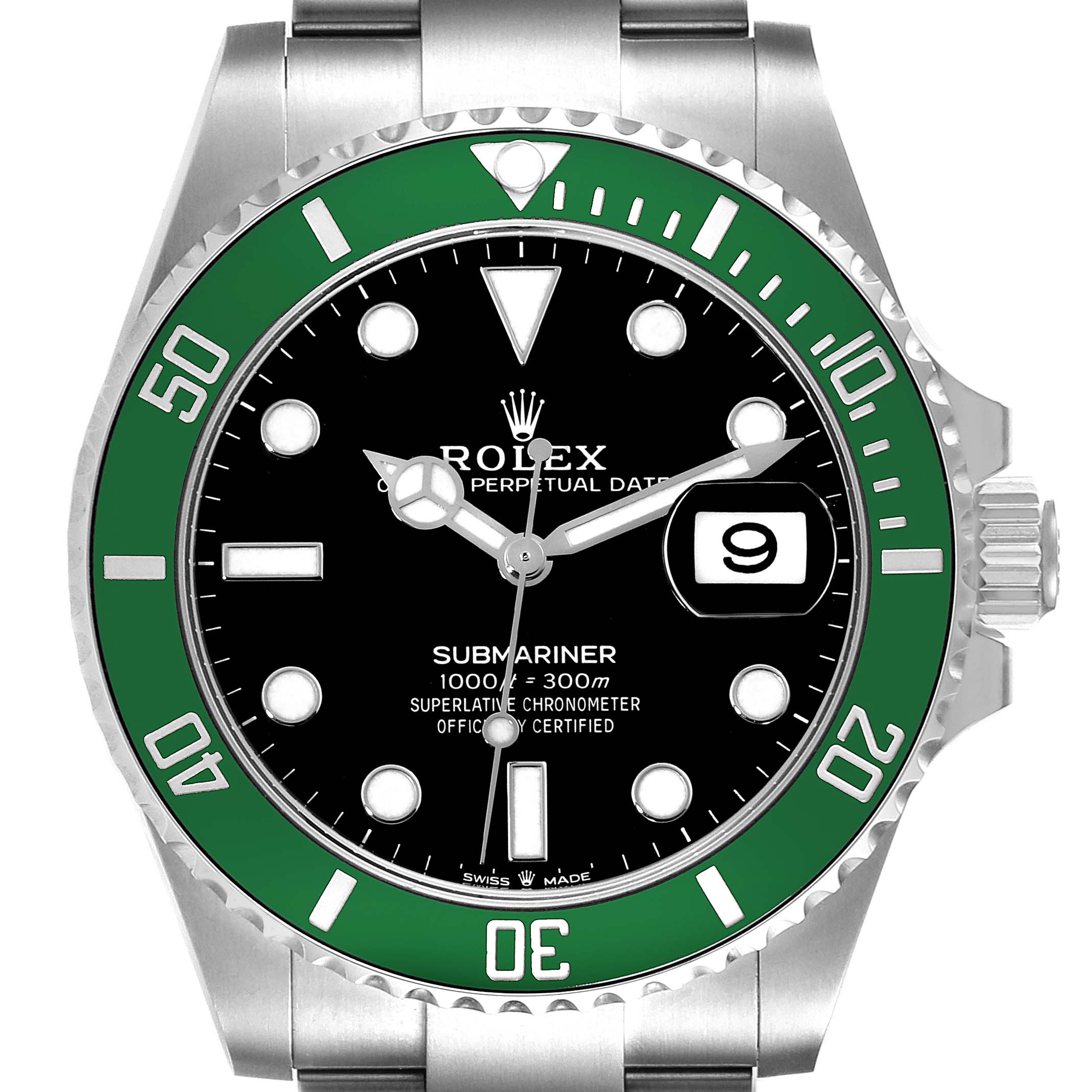 The image shows a front view of the Rolex Submariner 126610LV Men's Stainless Steel Black Dial 126610LV Men's Stainless Steel Black Dial watch, highlighting its green bezel, black dial, and date window.
