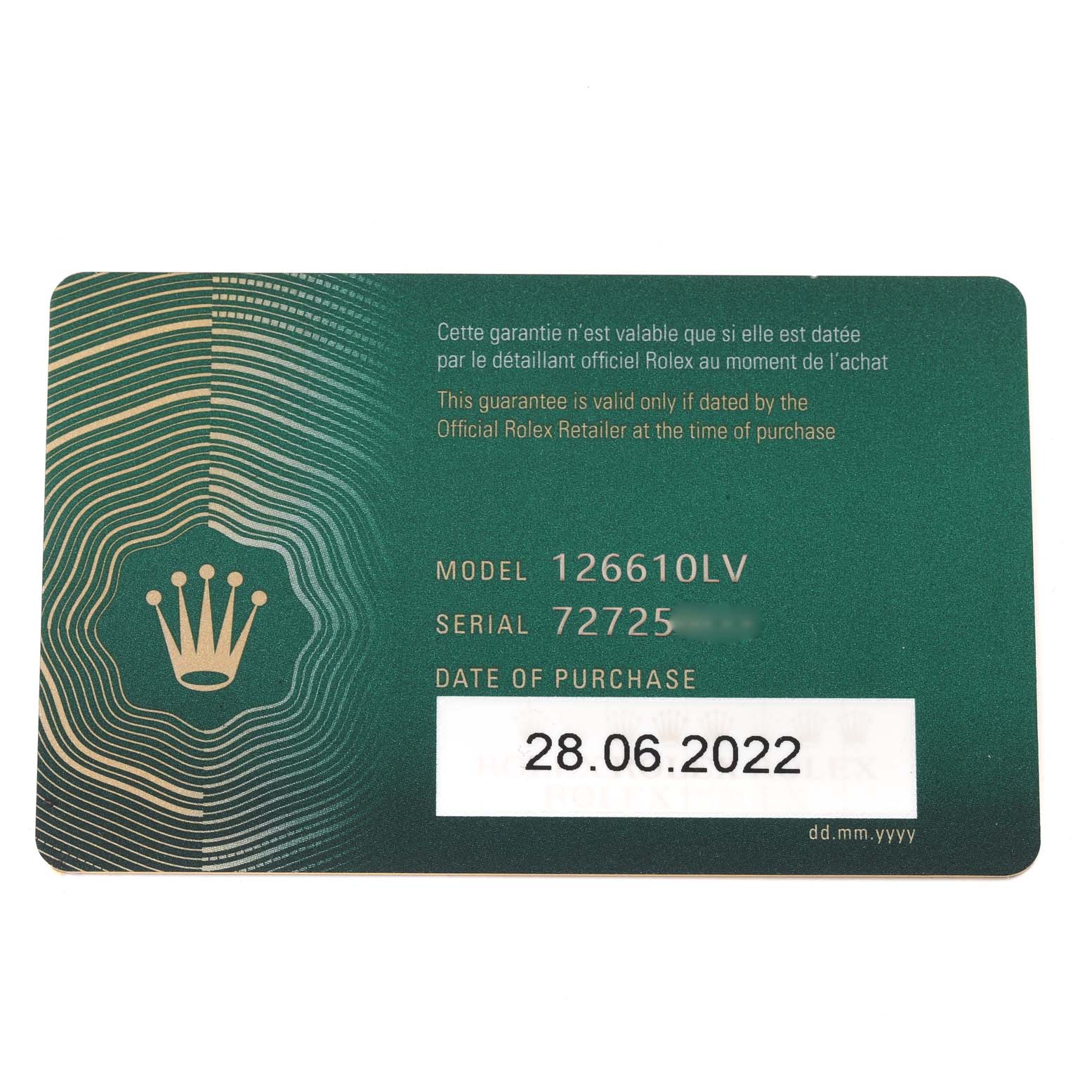 This is the warranty card for a Rolex Submariner 126610LV Men's Stainless Steel Black Dial 126610LV Men's Stainless Steel Black Dial model 126610LV, displaying the serial number and date of purchase.
