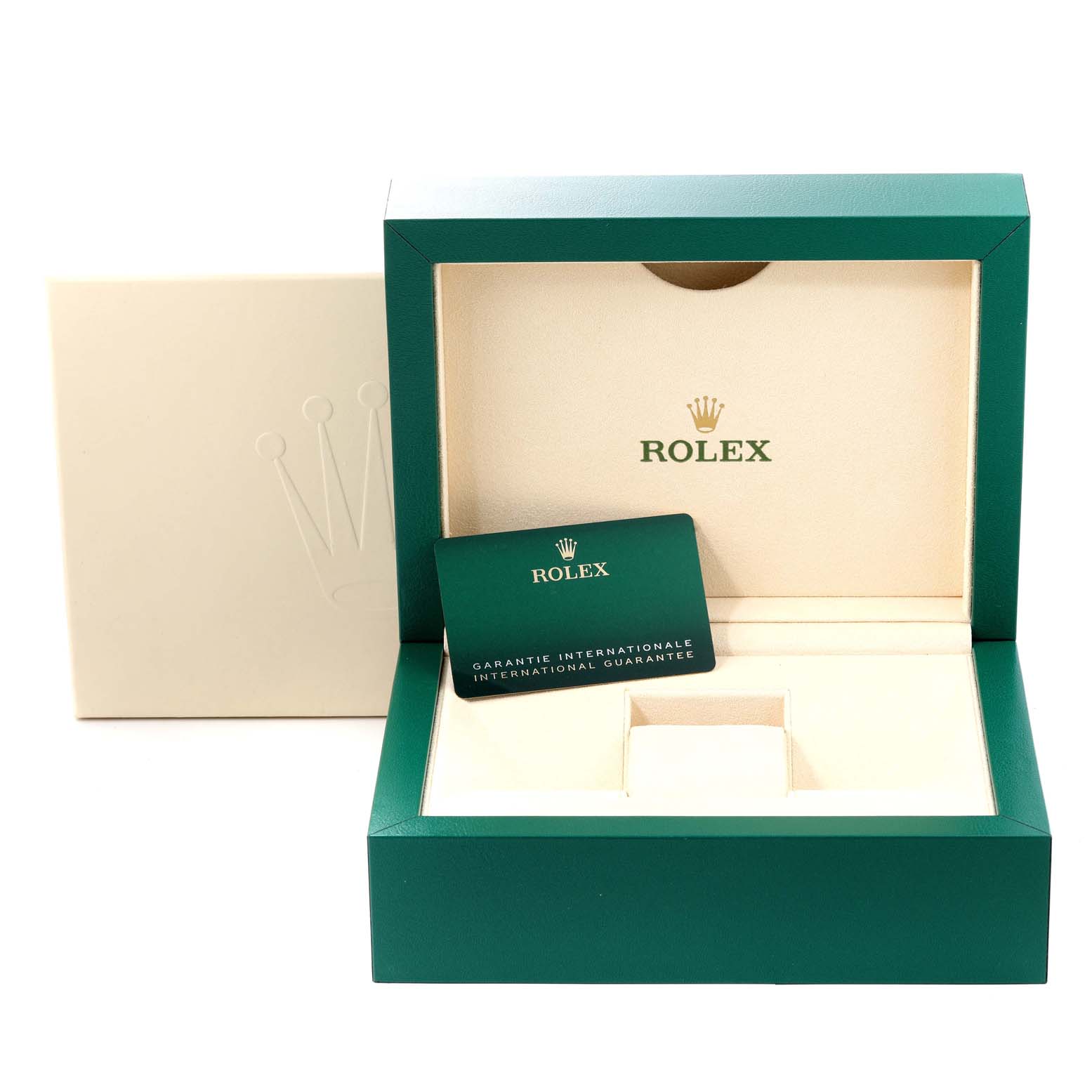 The image shows an open box for a Rolex Submariner 126610LV Men's Stainless Steel Black Dial 126610LV Men's Stainless Steel Black Dial with the warranty card placed inside it.