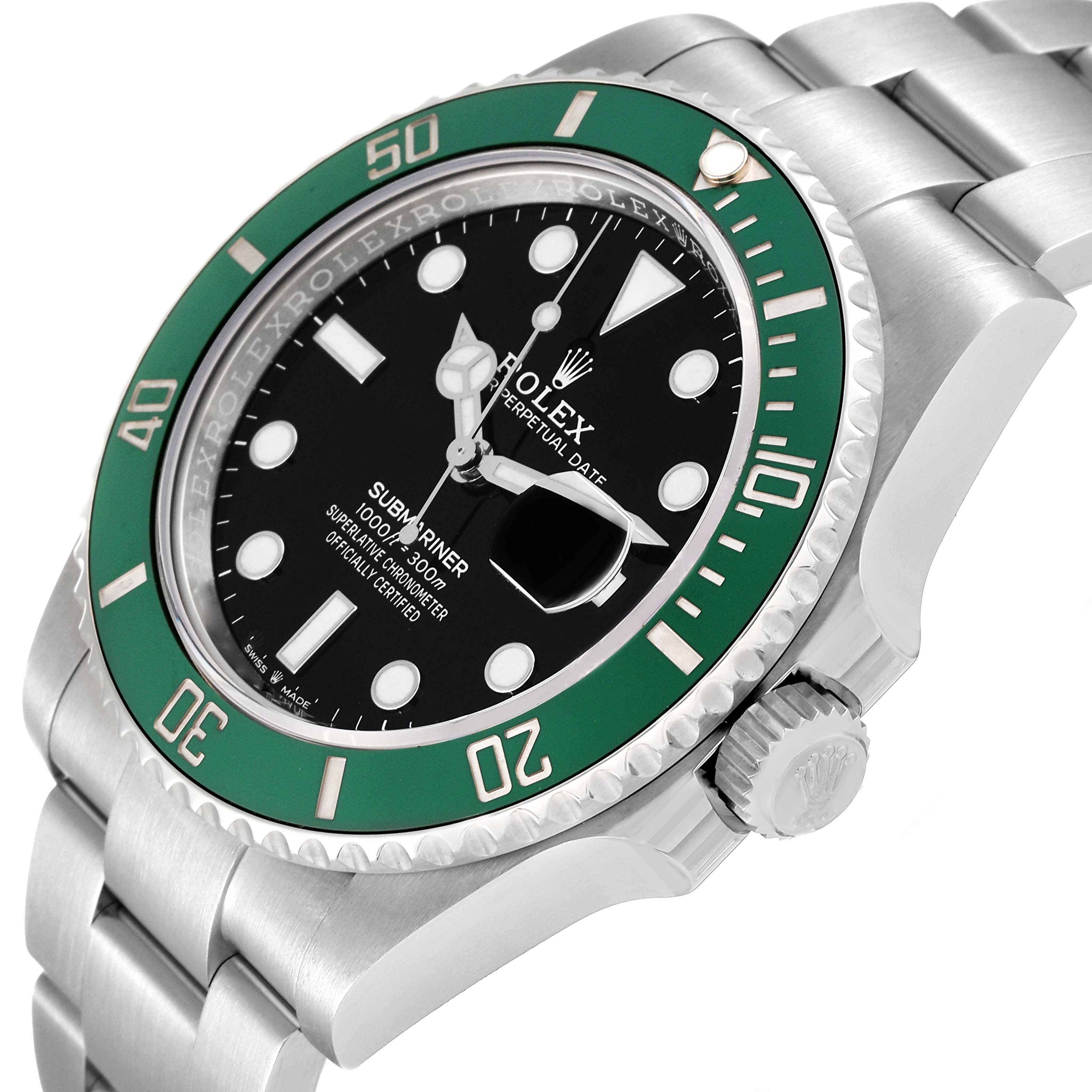 This image shows a close-up, angled view of the Rolex Submariner 126610LV Men's Stainless Steel Black Dial 126610LV Men's Stainless Steel Black Dial, highlighting its green bezel, black dial, and stainless steel bracelet.
