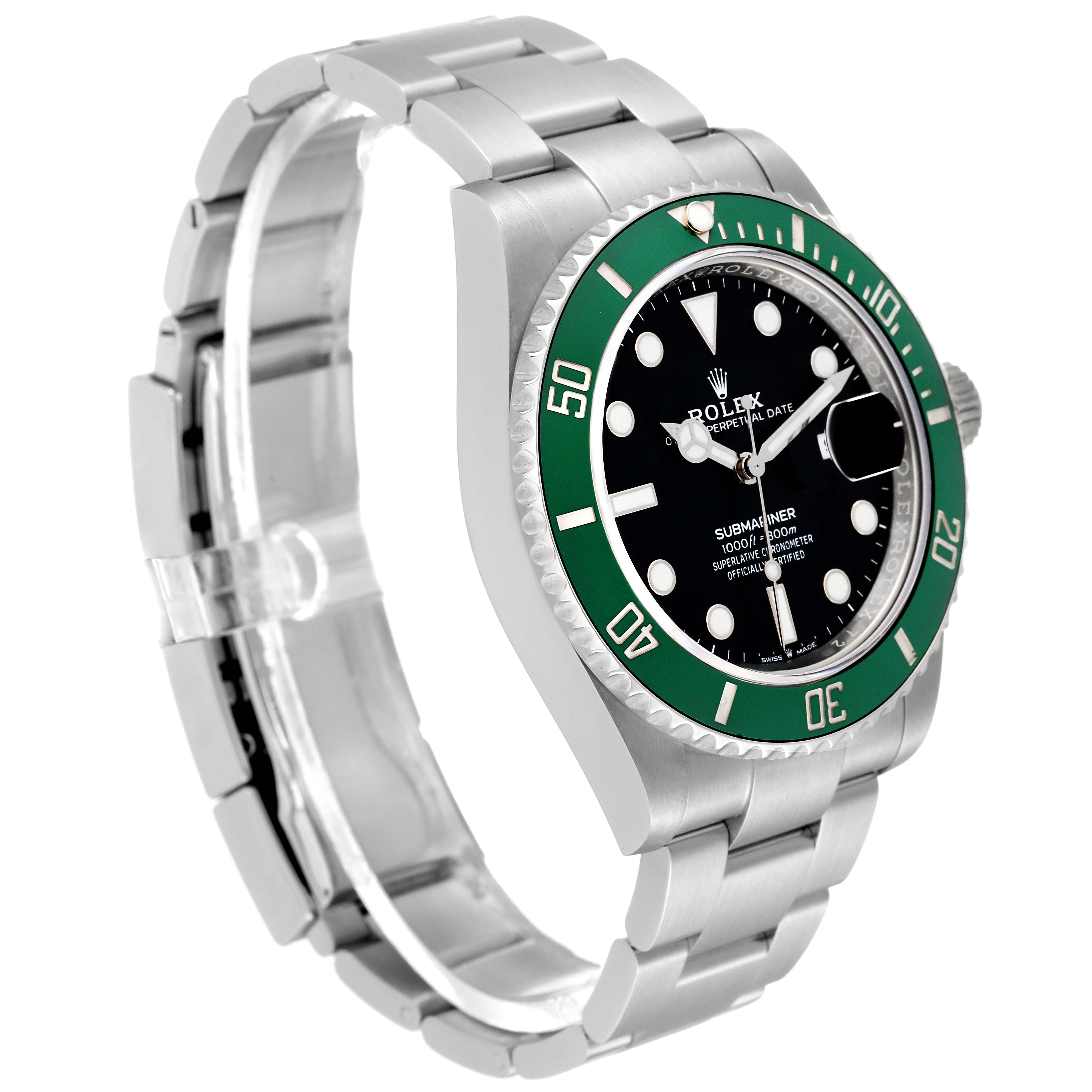 The image shows a Rolex Submariner 126610LV Men's Stainless Steel Black Dial 126610LV Men's Stainless Steel Black Dial watch at a three-quarter angle, highlighting its green bezel, black dial, and metal bracelet.
