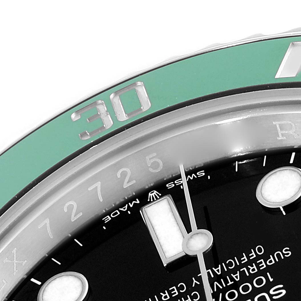 The image shows a close-up of the bezel, dial, and minute hand of a Rolex Submariner 126610LV Men's Stainless Steel Black Dial 126610LV Men's Stainless Steel Black Dial watch.