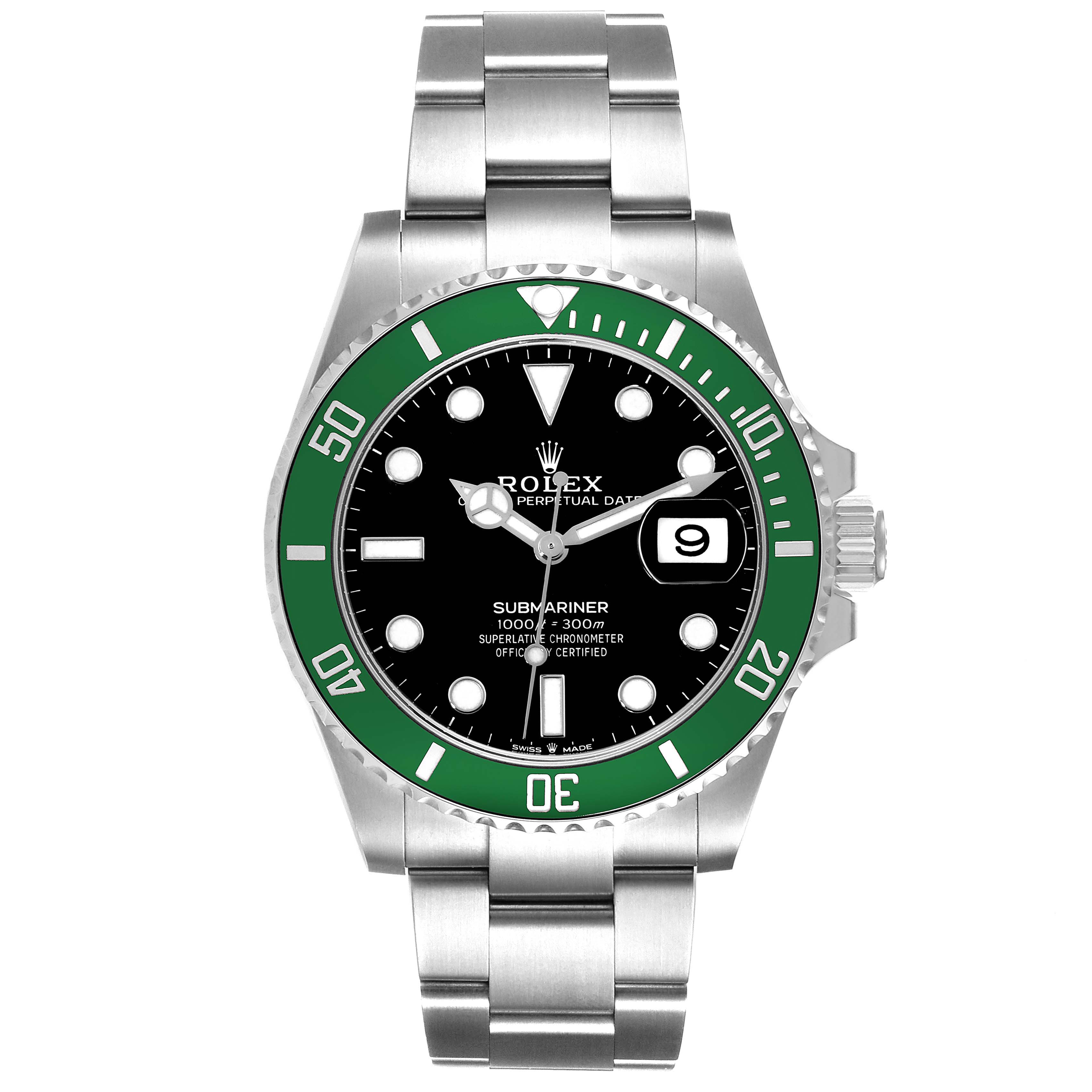 The Rolex Submariner 126610LV Men's Stainless Steel Black Dial 126610LV Men's Stainless Steel Black Dial watch is shown from a front angle, displaying the face, green bezel, and part of the stainless steel bracelet.