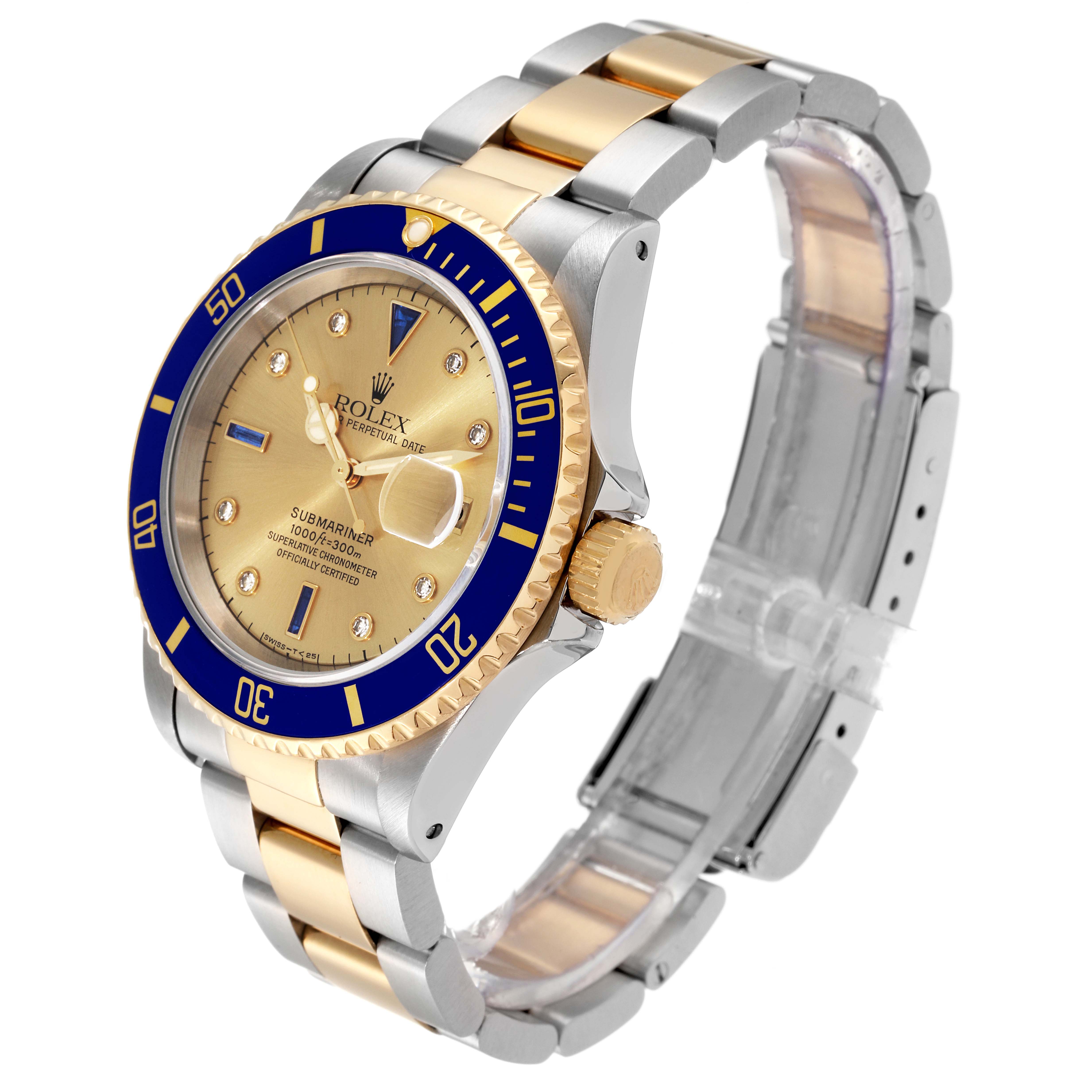 This image shows a Rolex Submariner 16613 Men
s Steel and Gold (two tone) Champagne Dial 16613 Men
s Steel and Gold (two tone) Champagne Dial watch at an angle that displays the face, bezel, case, and bracelet.