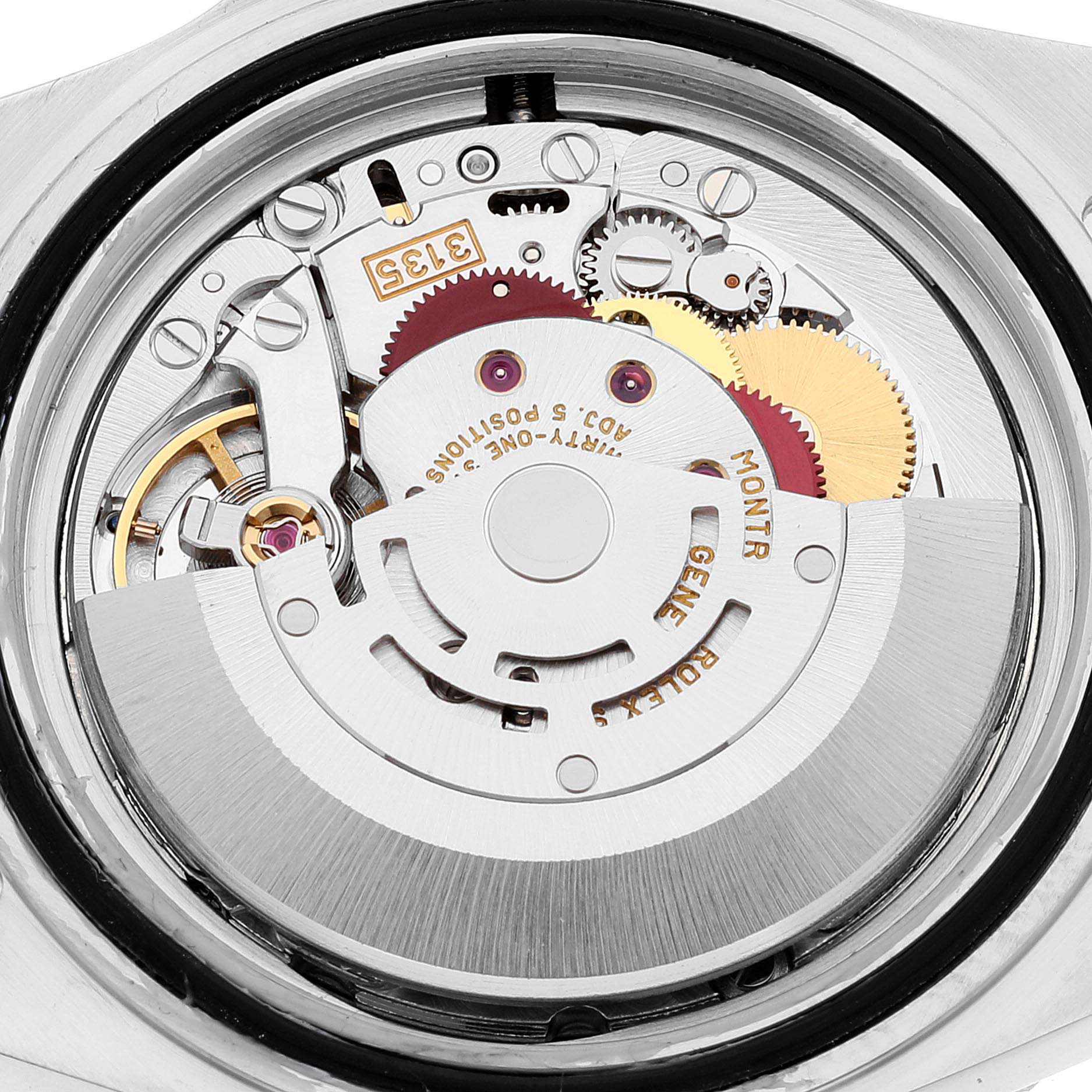 The image shows the internal mechanical movement and components of the Rolex Submariner 16613 Men
s Steel and Gold (two tone) Champagne Dial 16613 Men
s Steel and Gold (two tone) Champagne Dial watch from a back view.