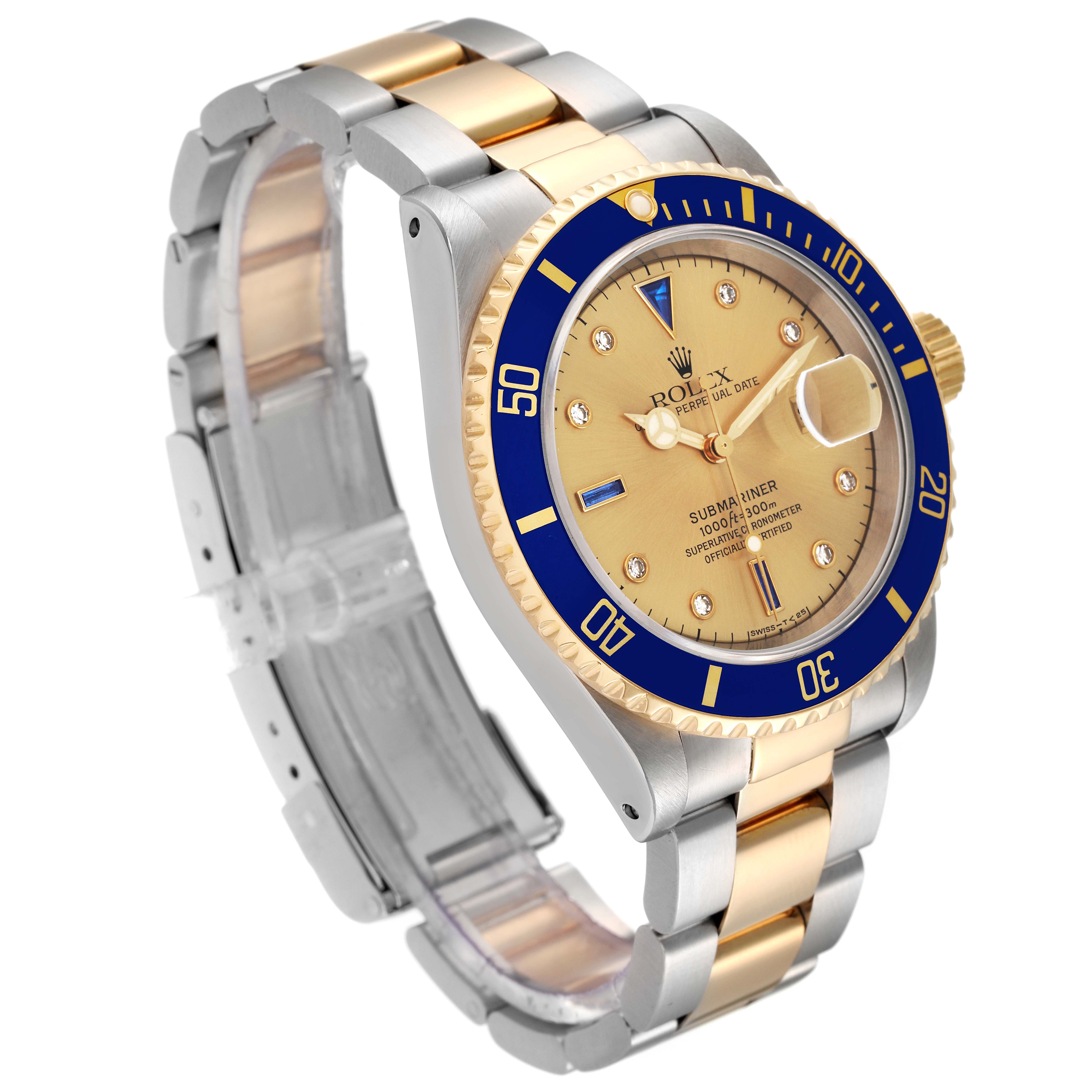 This image shows a side angle of the Rolex Submariner 16613 Men
s Steel and Gold (two tone) Champagne Dial 16613 Men
s Steel and Gold (two tone) Champagne Dial, revealing its two-tone bracelet, bezel, and dial features.