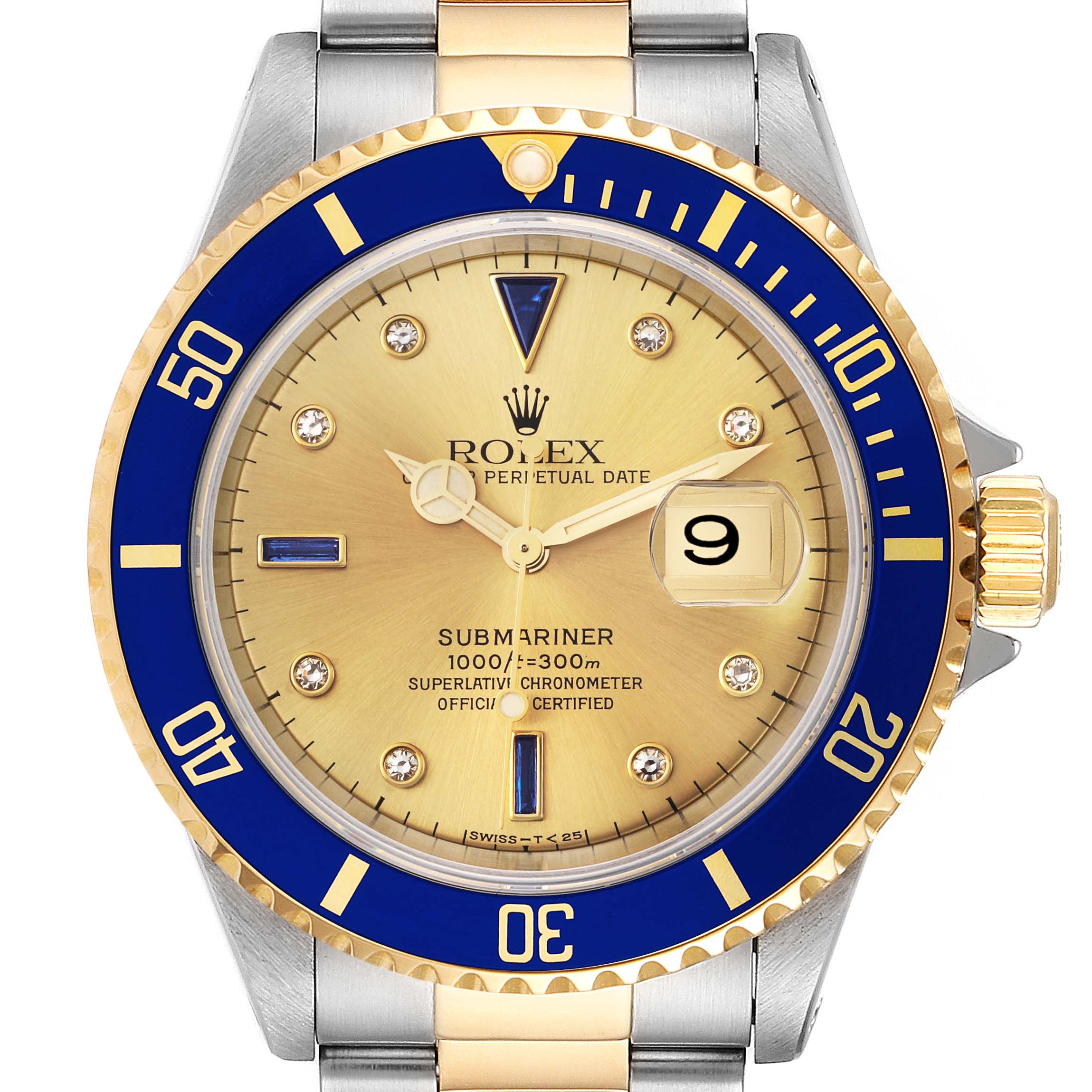 The Rolex Submariner 16613 Men
s Steel and Gold (two tone) Champagne Dial 16613 Men
s Steel and Gold (two tone) Champagne Dial watch is shown from a top view, displaying the dial, bezel, and part of the bracelet.