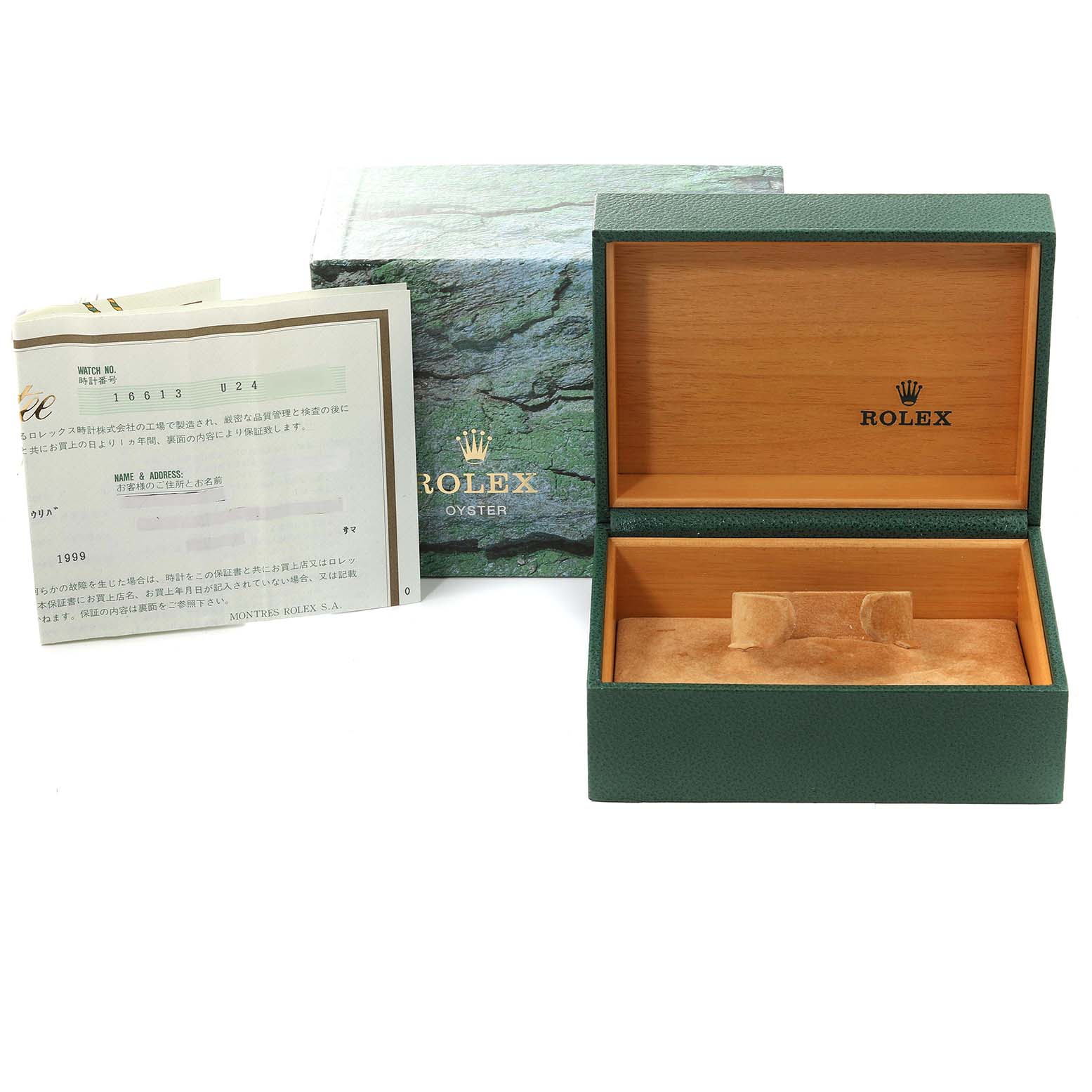 The image shows a Rolex Submariner 16613 Men
s Steel and Gold (two tone) Champagne Dial 16613 Men
s Steel and Gold (two tone) Champagne Dial box, an open watch case, and accompanying documentation from a frontal angle.